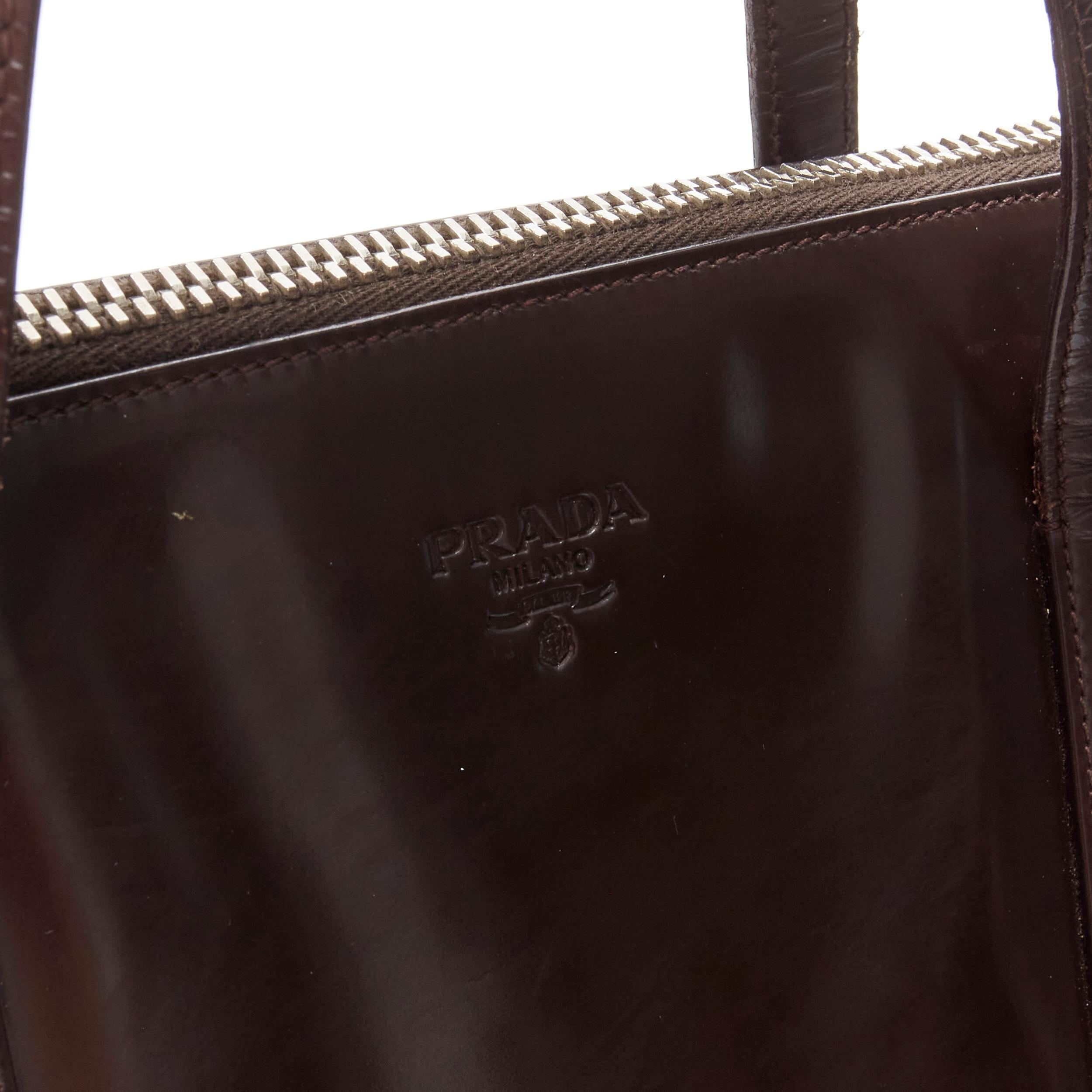 PRADA Vintage dark brown shiny leather top handle zip tote bag In Fair Condition In Hong Kong, NT