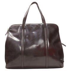 PRADA Vintage dark brown shiny leather top handle zip tote bag