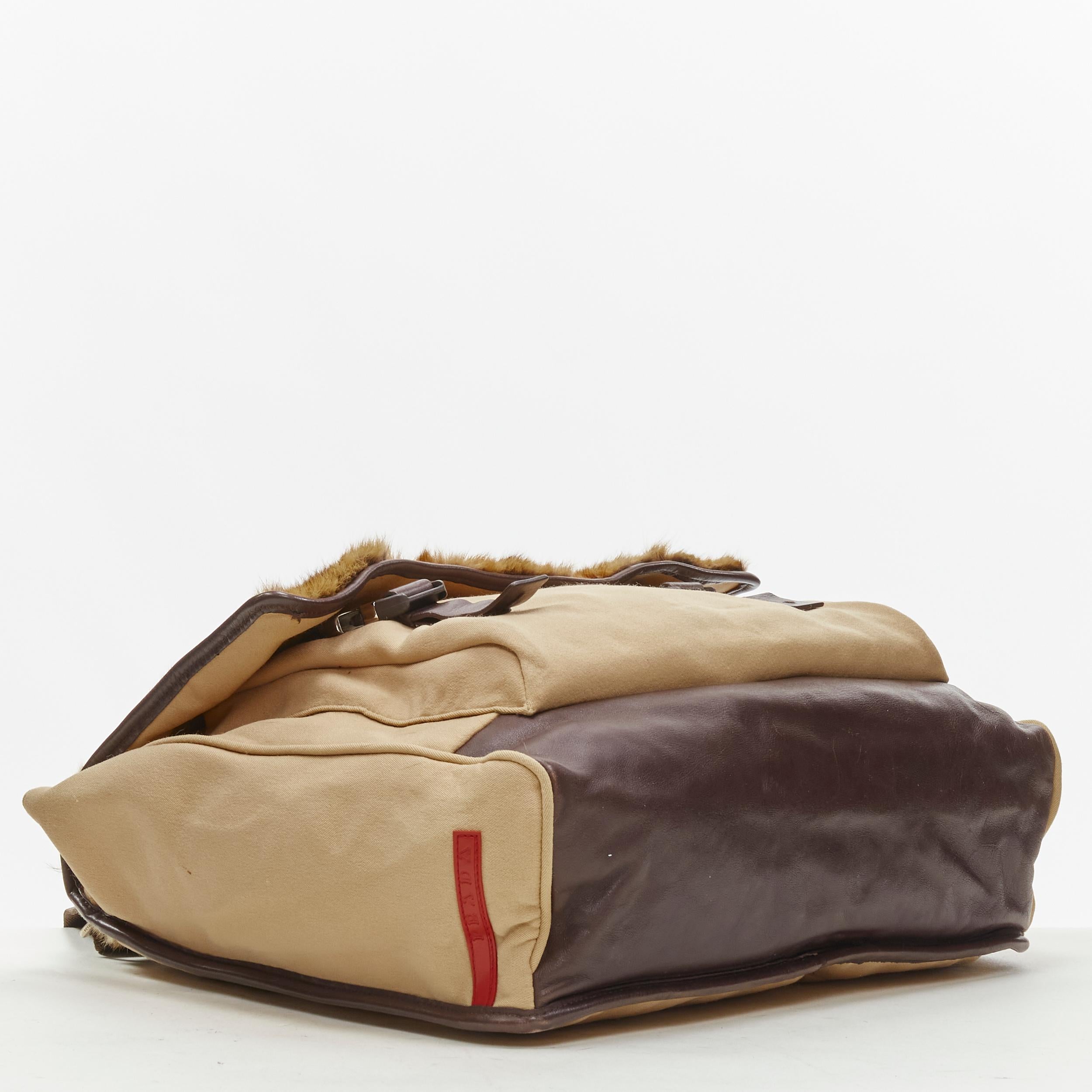 Men's PRADA Vintage fur flap brown canvas leather trim crossbody bag
