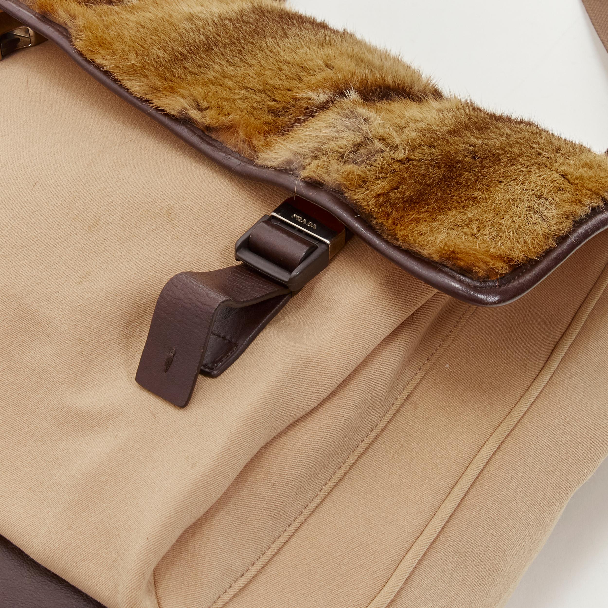 PRADA Vintage fur flap brown canvas leather trim crossbody bag 1