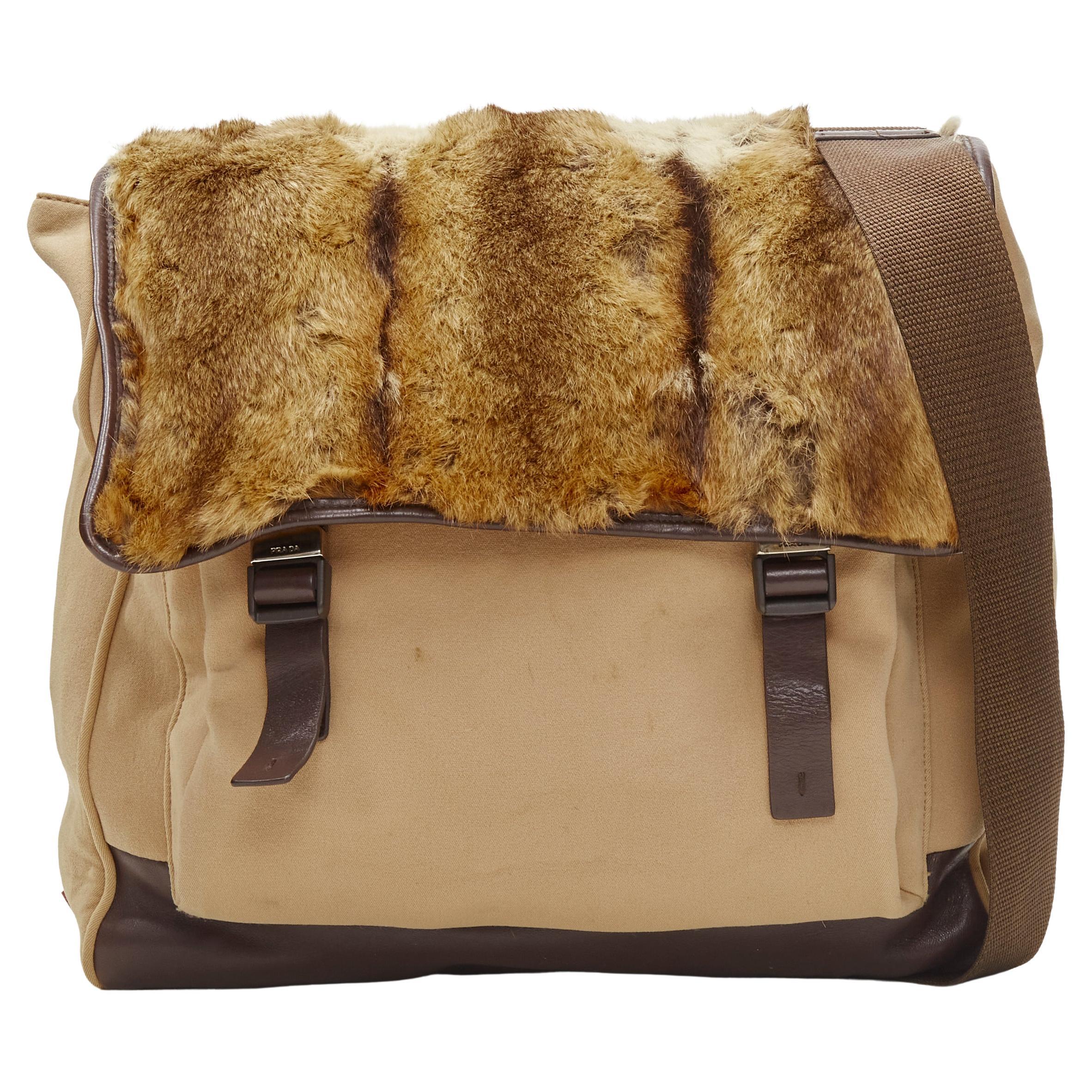 PRADA Vintage fur flap brown canvas leather trim crossbody bag