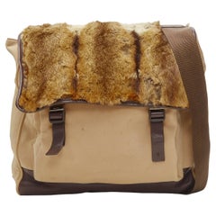 PRADA Vintage fur flap brown canvas leather trim crossbody bag