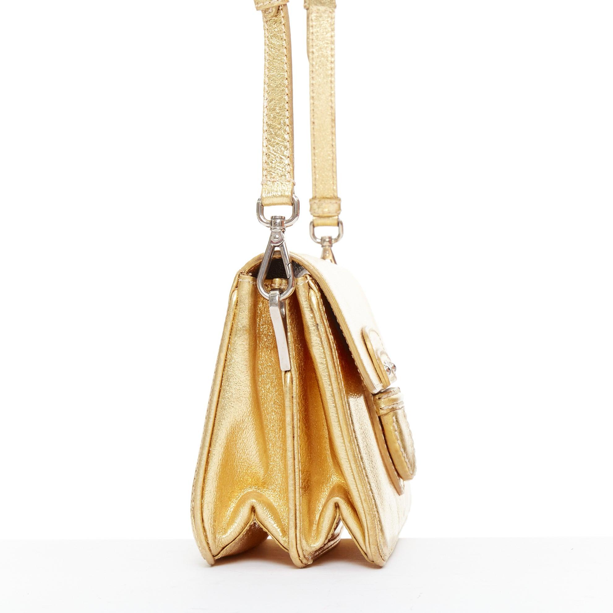 PRADA Vintage Gold metallic leather silver logo flap crossbody bag Bon état - En vente à Hong Kong, NT