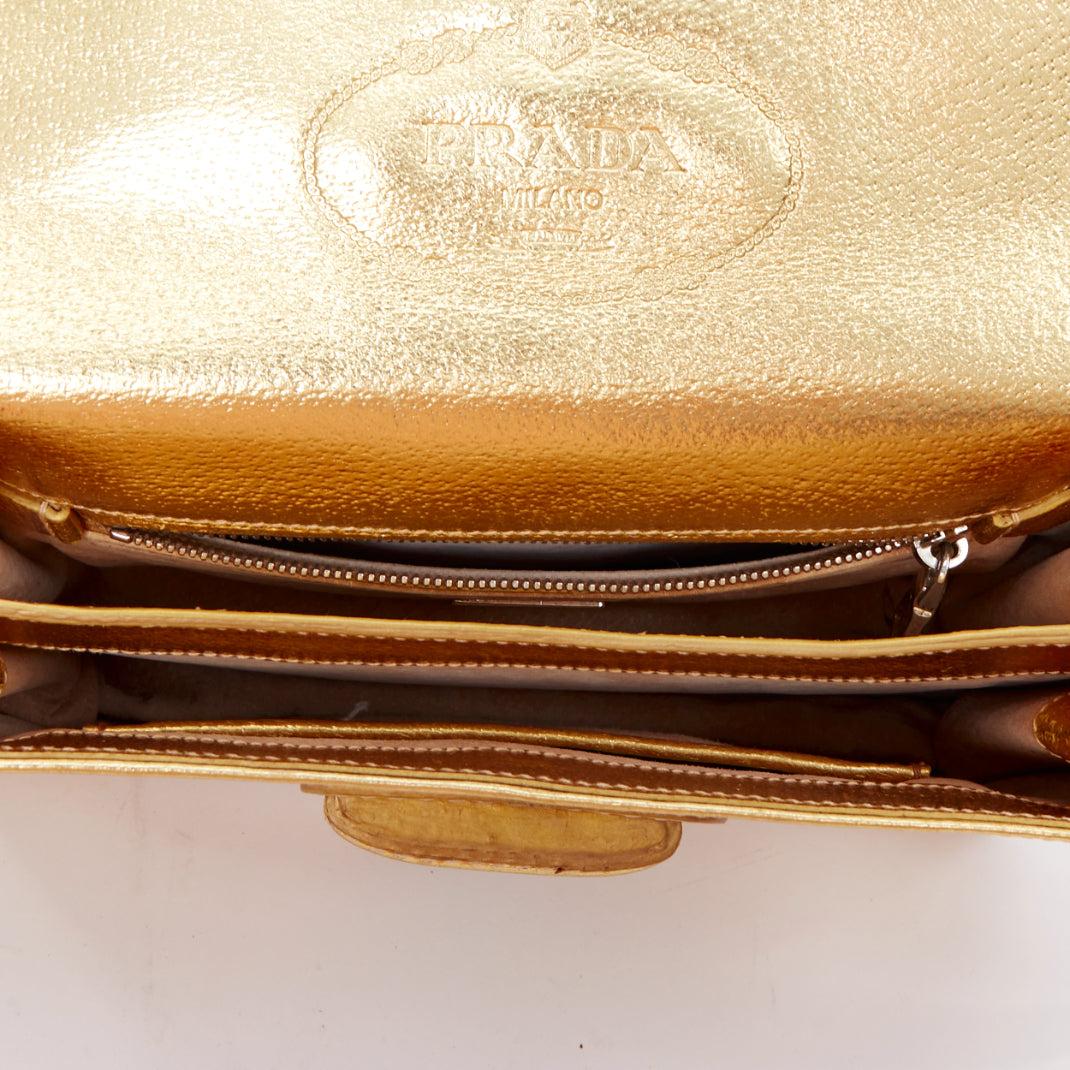 PRADA Vintage Gold metallic leather silver logo flap crossbody bag en vente 4