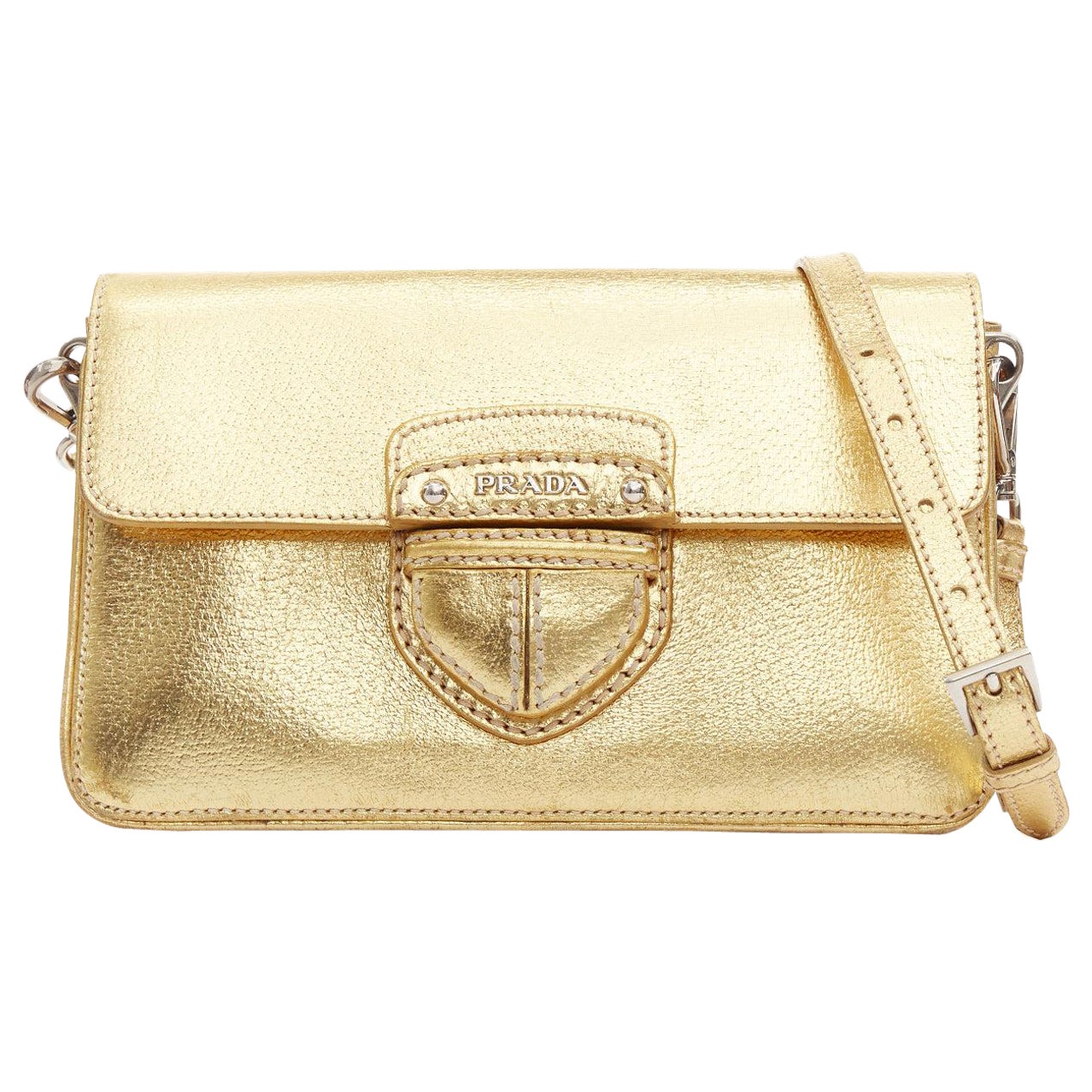 PRADA Vintage Gold metallic leather silver logo flap crossbody bag en vente