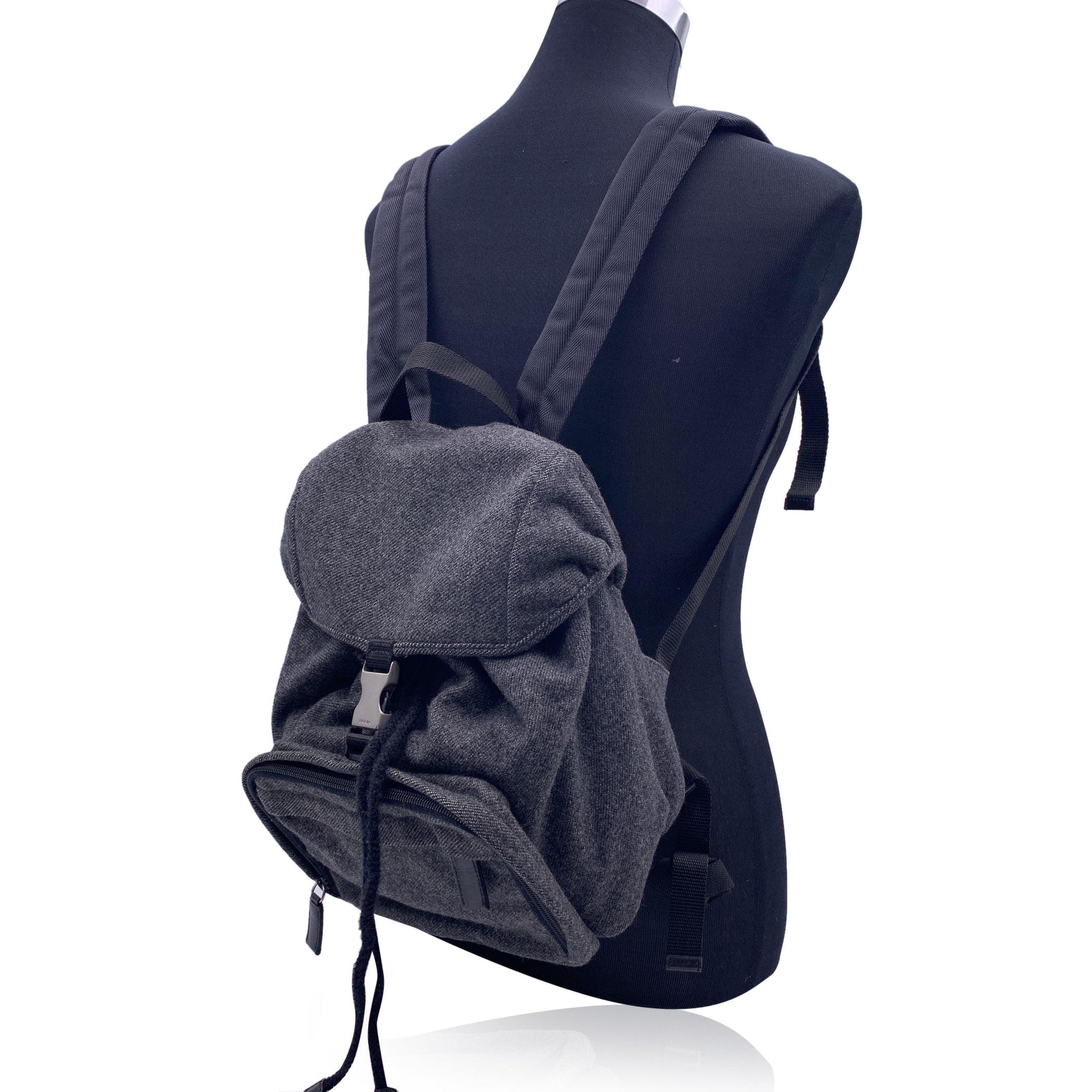 Black Prada Vintage Grey Wool Single Buckle Backpack Shoulder Bag
