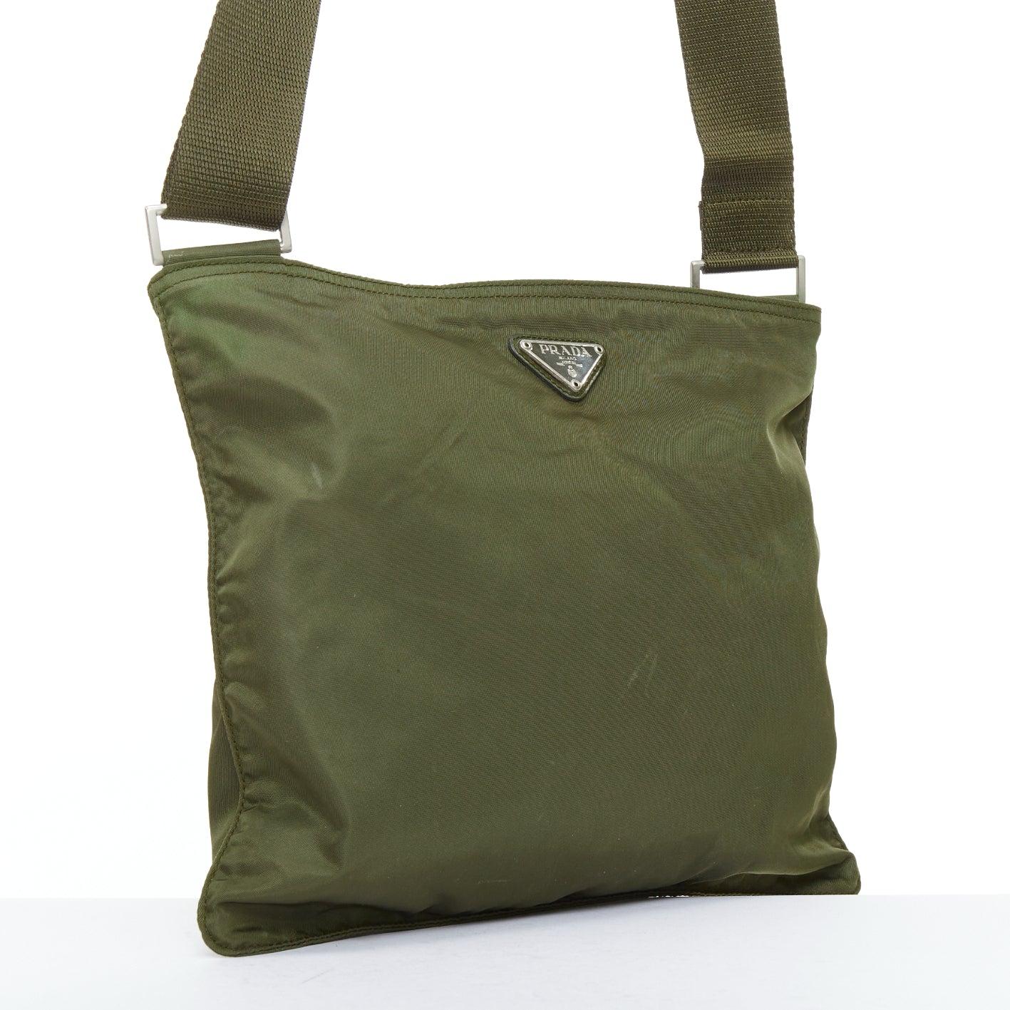 Black PRADA Vintage navy green nylon triangle logo crossbody bag For Sale