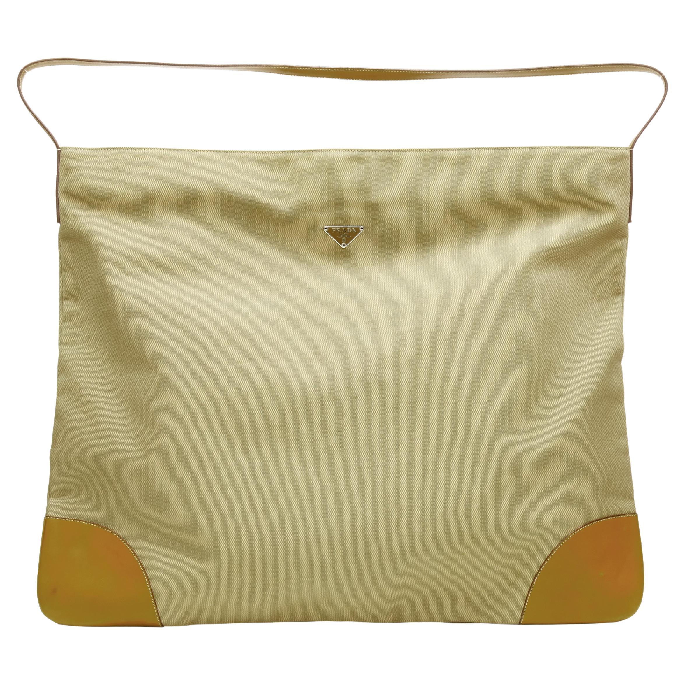 PRADA Vintage Rare brown canvas leather trimmed XL flat crossbody bag