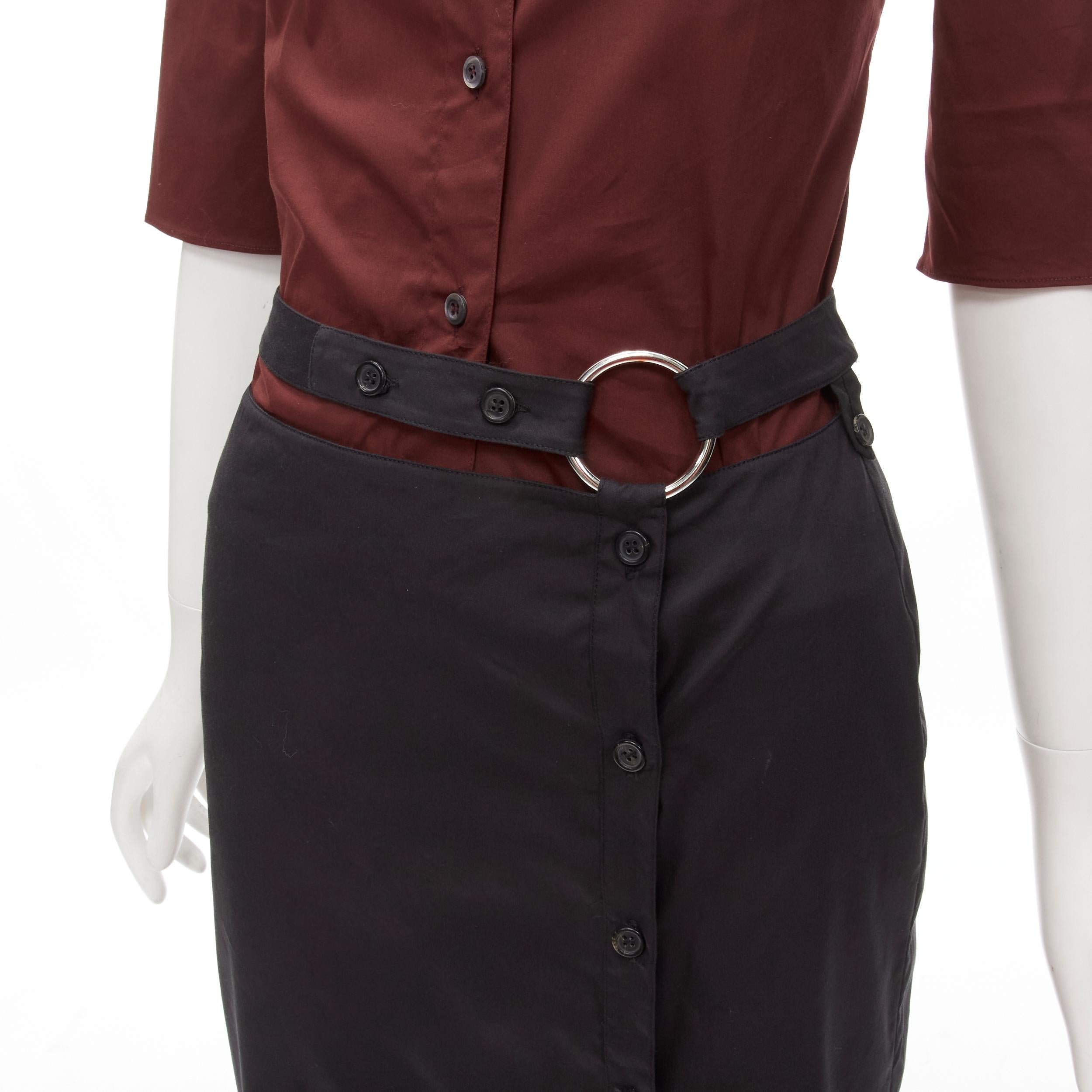 PRADA Vintage red D-ring cuffed shirt black suspended strap skirt IT38 XS
Brand: Prada
Designer: Miuccia Prada
Material: Cotton
Color: Red
Pattern: Solid
Closure: Button
Extra Detail: Slim fit burgundy cotton cotton-nylon blend shirt with