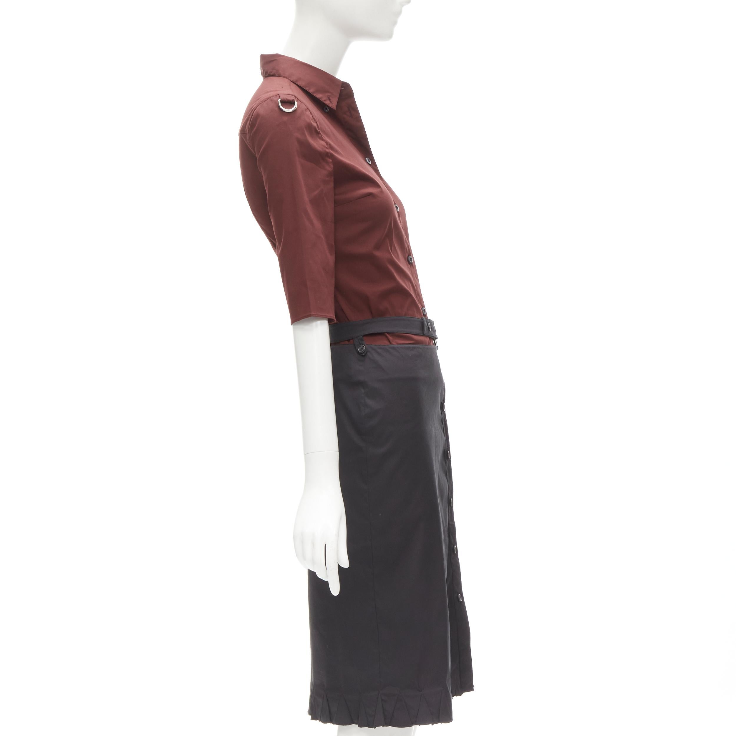 Women's PRADA Vintage red D-ring cuffed shirt black suspended strap skirt IT38 XS