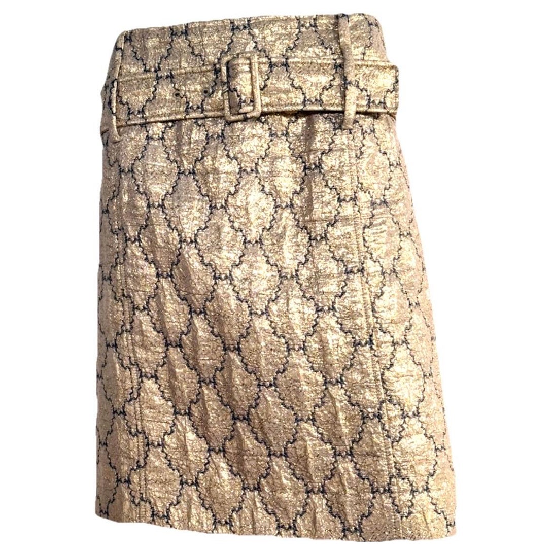 PRADA Vintage Runway S/S 2002 Metallic Gold Brocade Belted Skirt IT 40 en vente