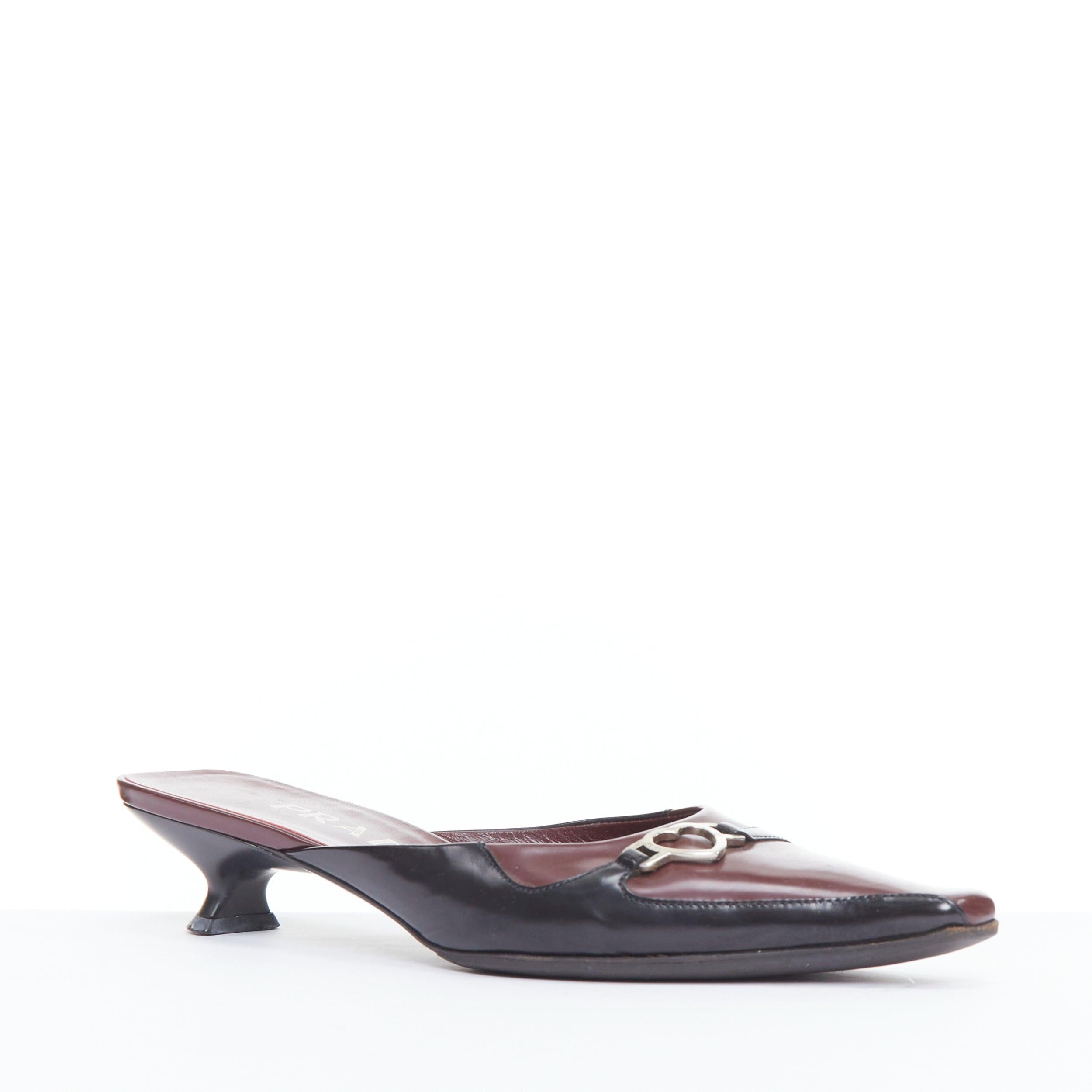 Silver PRADA Vintage silver heart buckle burgundy leather kitten mules EU36.5