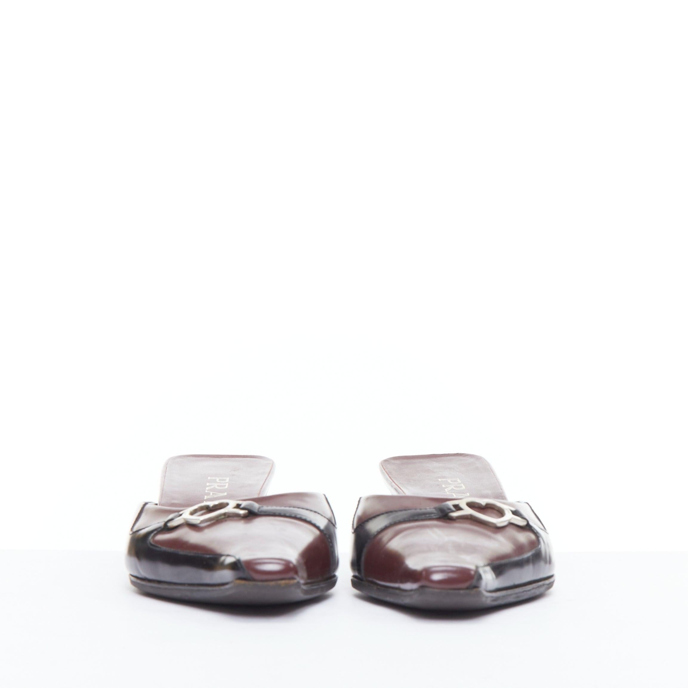PRADA Vintage silver heart buckle burgundy leather kitten mules EU36.5 In Fair Condition In Hong Kong, NT