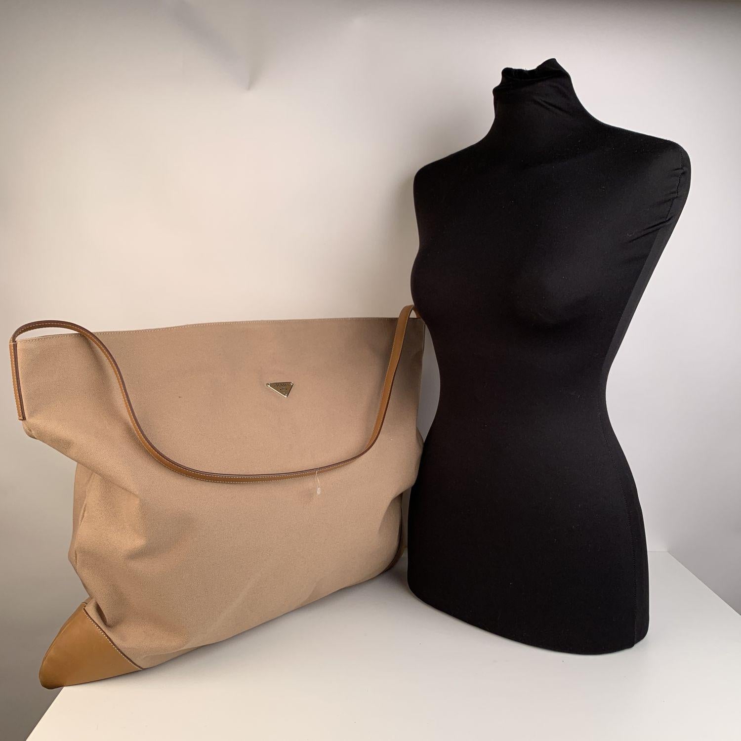 Brown Prada Vintage Tan Canvas Large Travel Shoulder Bag VS0034