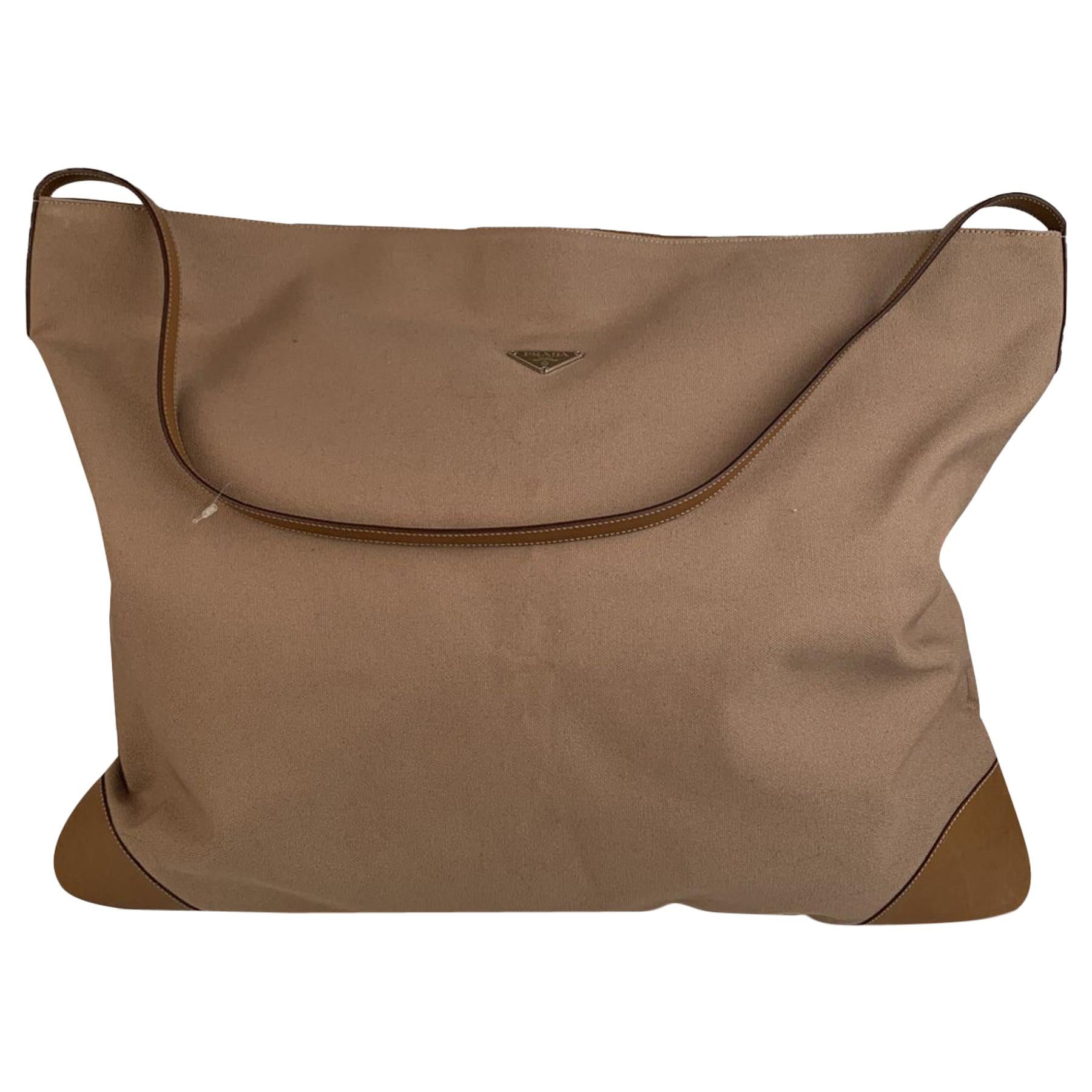 Prada Vintage Tan Canvas Large Travel Shoulder Bag VS0034