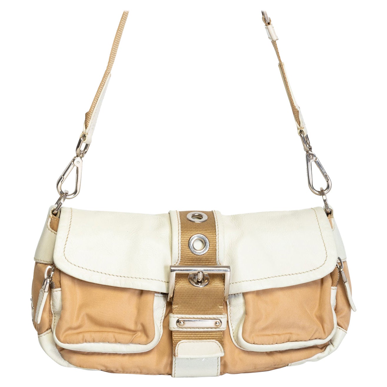 Prada Vintage Tessuto Umhängetasche mit Schnalle in Beige im Angebot
