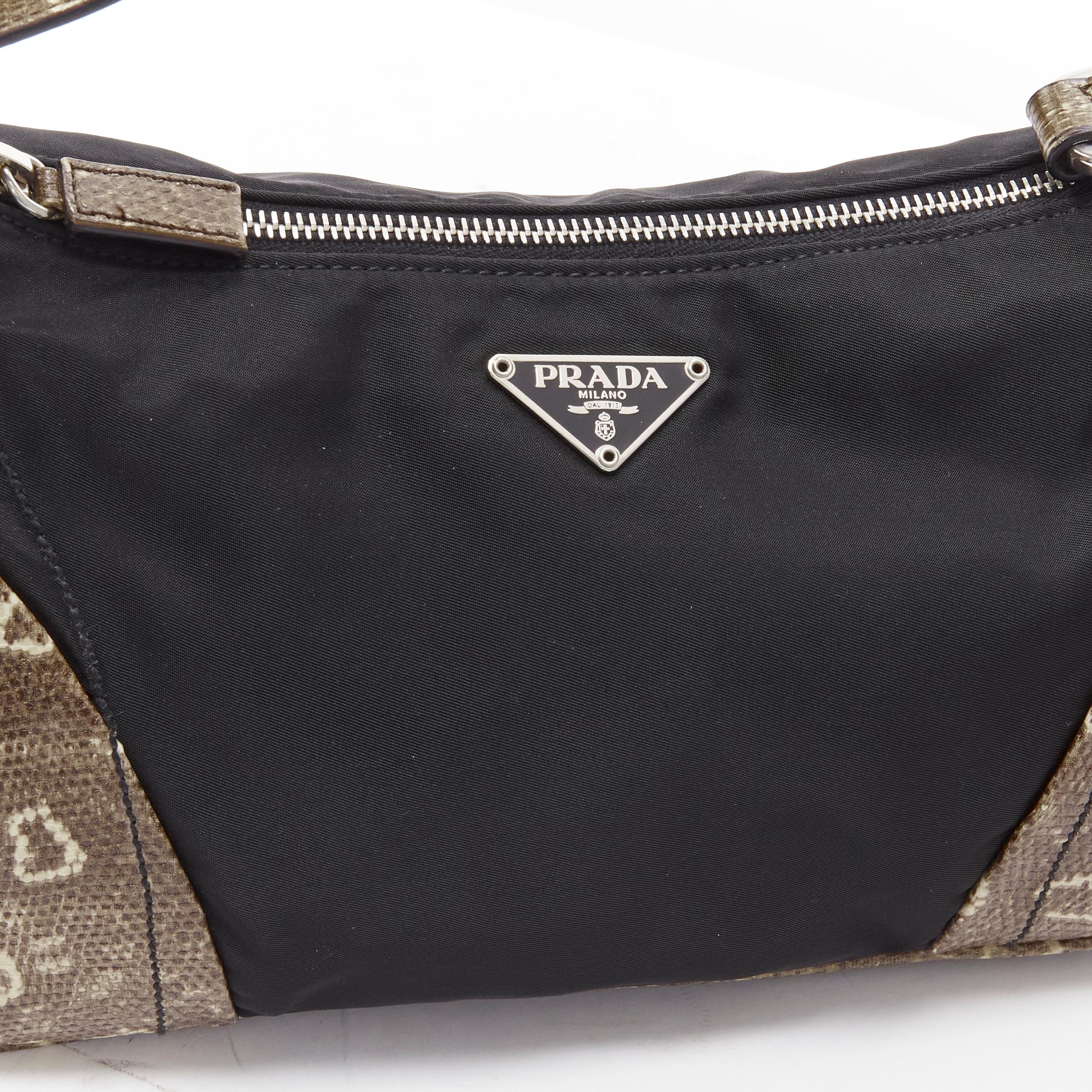 PRADA Vintage triangle logo black nylon khaki scaled leather trim underarm bag For Sale 3