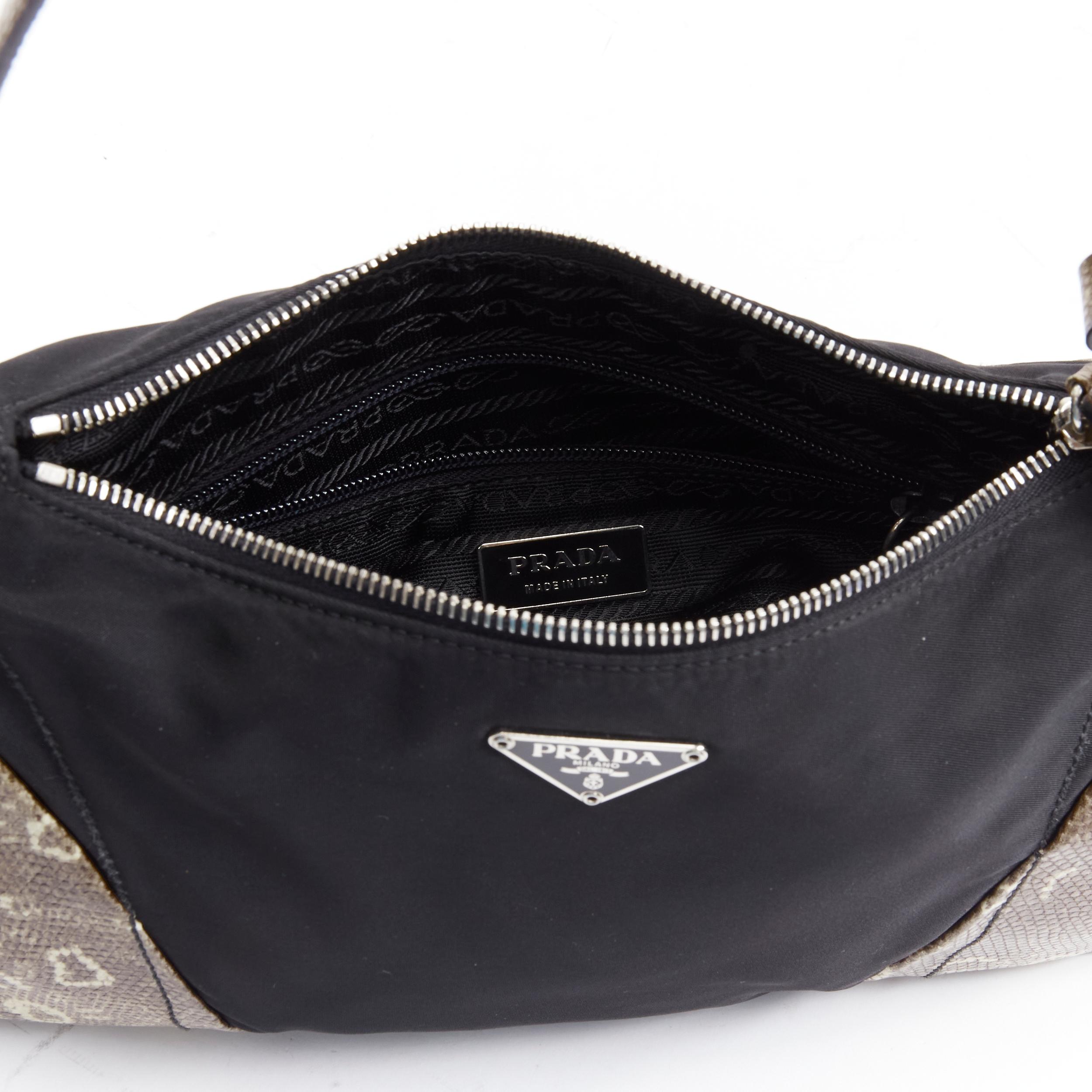 PRADA Vintage triangle logo black nylon khaki scaled leather trim underarm bag For Sale 5