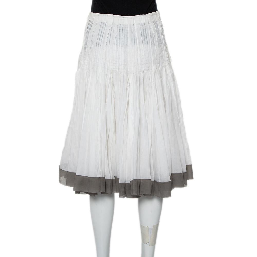 Prada Vintage Weiß Baumwolle Kontrast Trim plissierten Midi-Rock S (Grau)