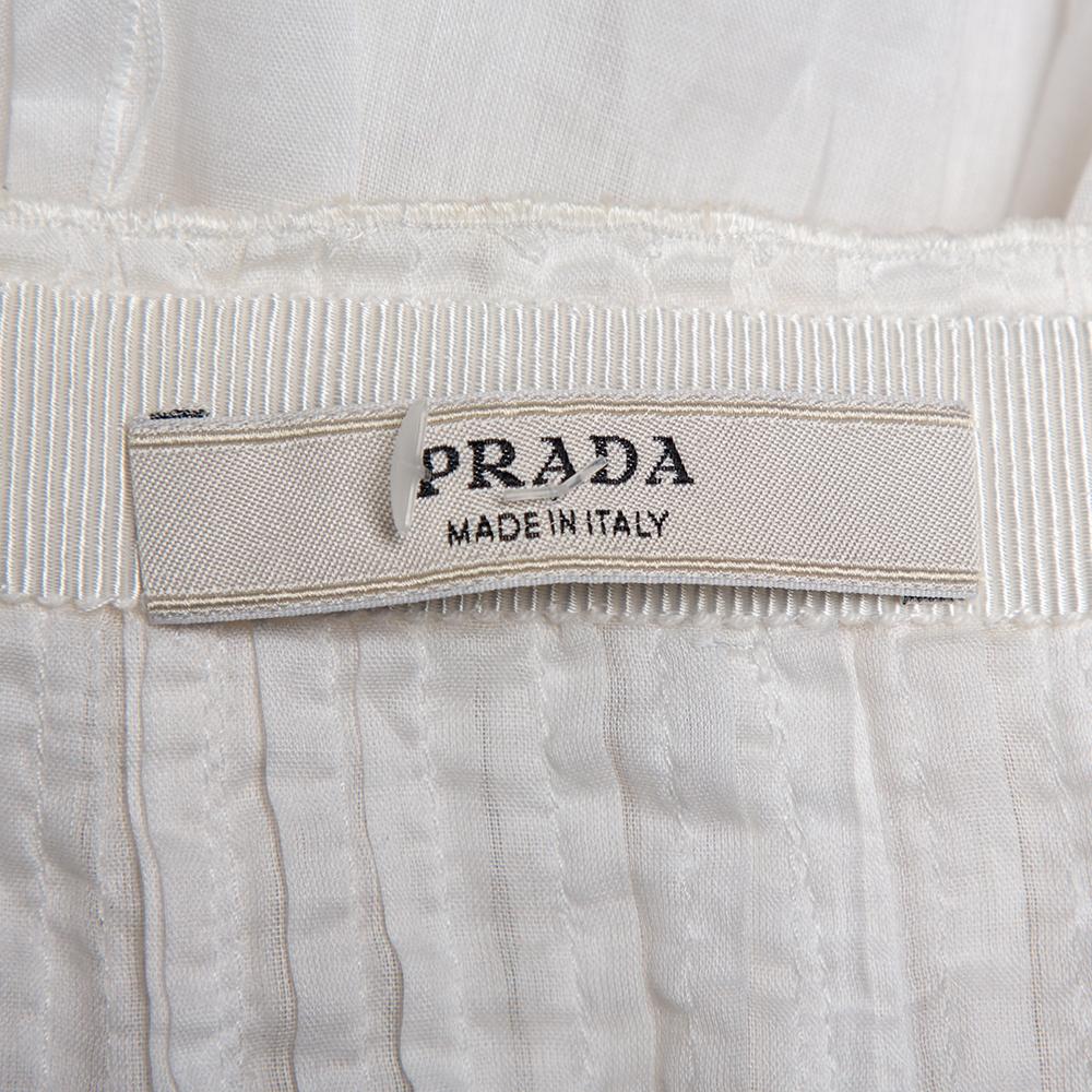 Gray Prada Vintage White Cotton Contrast Trim Pleated Midi Skirt S