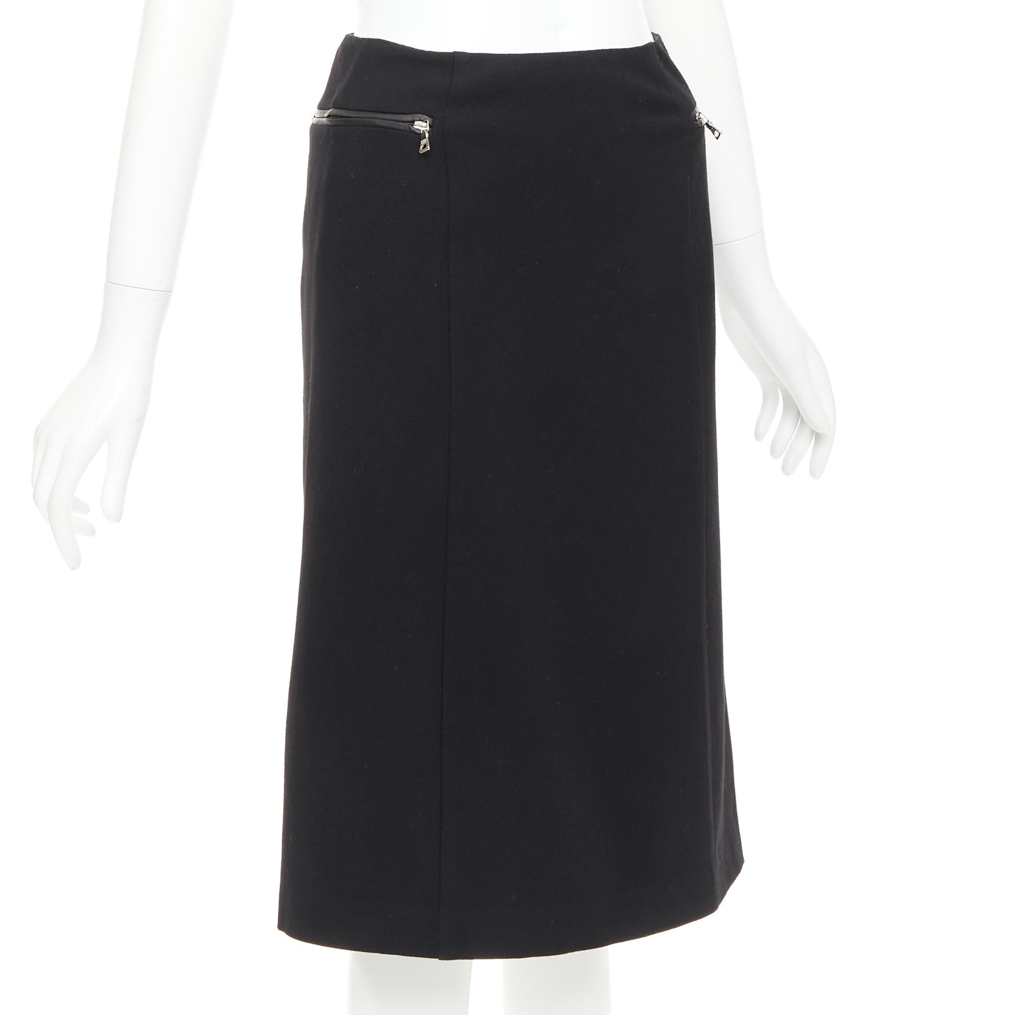 Noir PRADA Vintage By - Jupe crayon à poche zippée en laine et cuir IT38 XS en vente