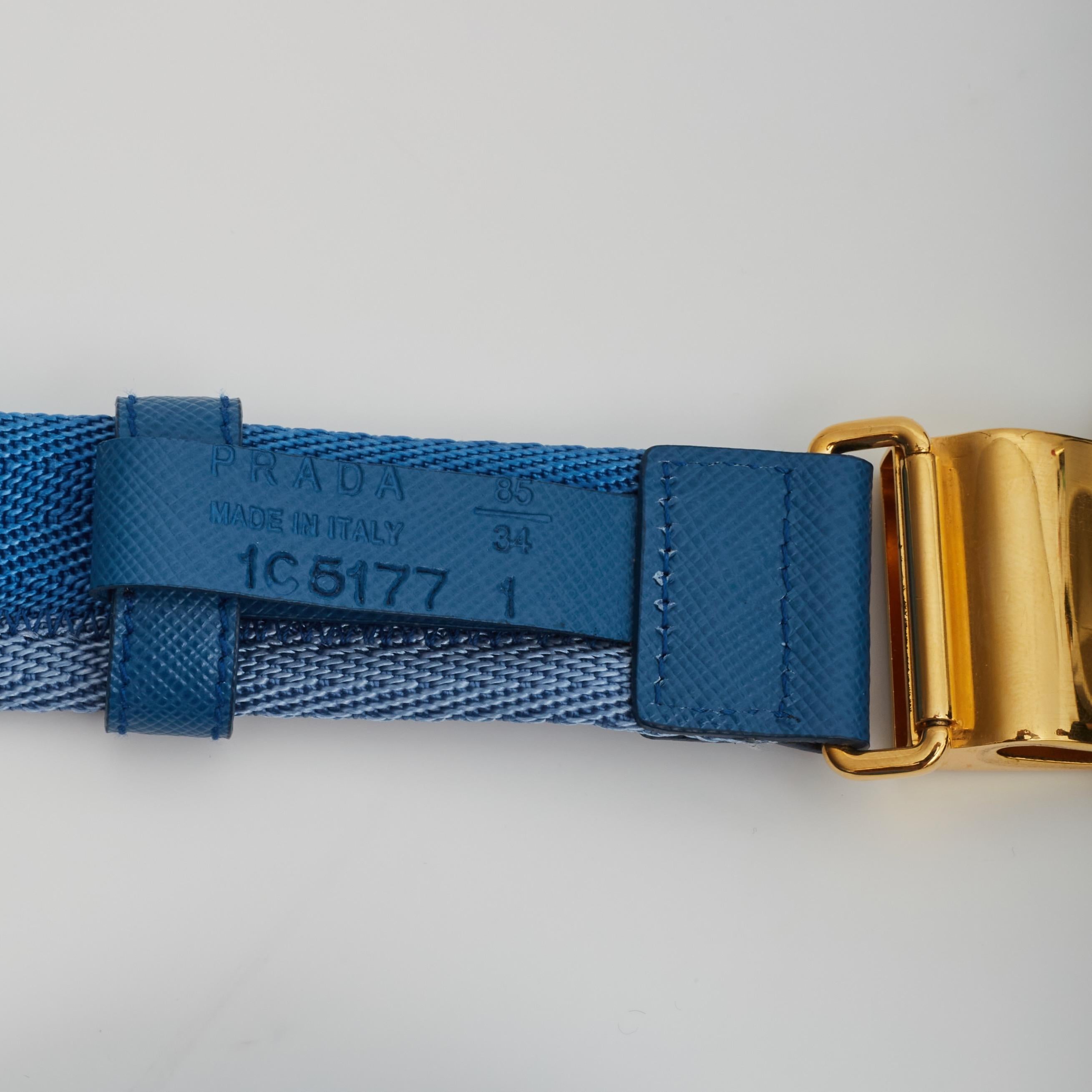 Beige Prada Vintage Woven Fabric Gold Buckle Blue 1C5177 (Size 85/31) For Sale