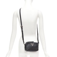PRADA Vitello Daino black calfskin silver logo zip crossbody camera bag