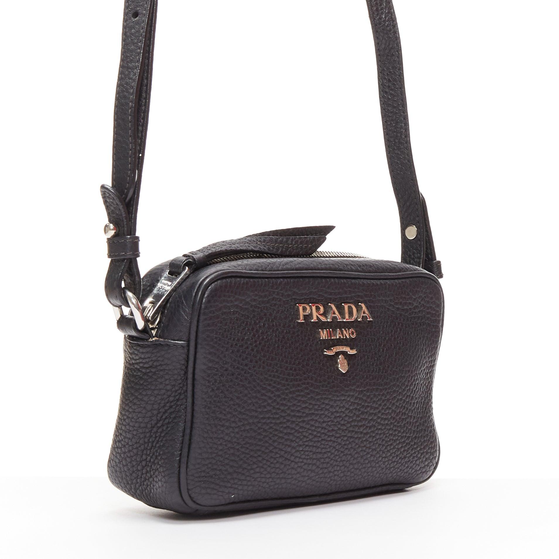 PRADA Vitello Daino black calfskin silver logo zip crossbody camera bag In Good Condition In Hong Kong, NT