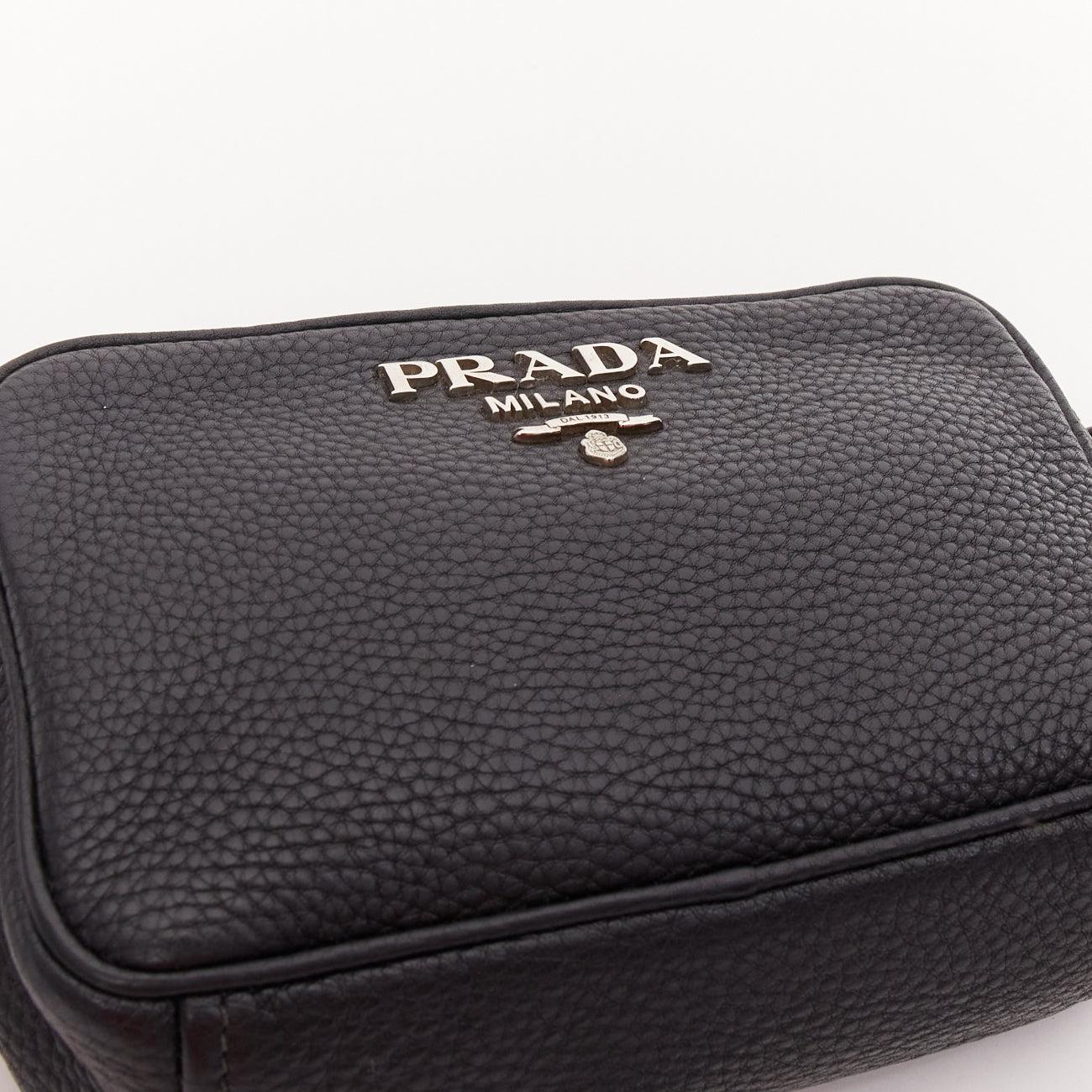 PRADA Vitello Daino black calfskin silver logo zip crossbody camera bag 3