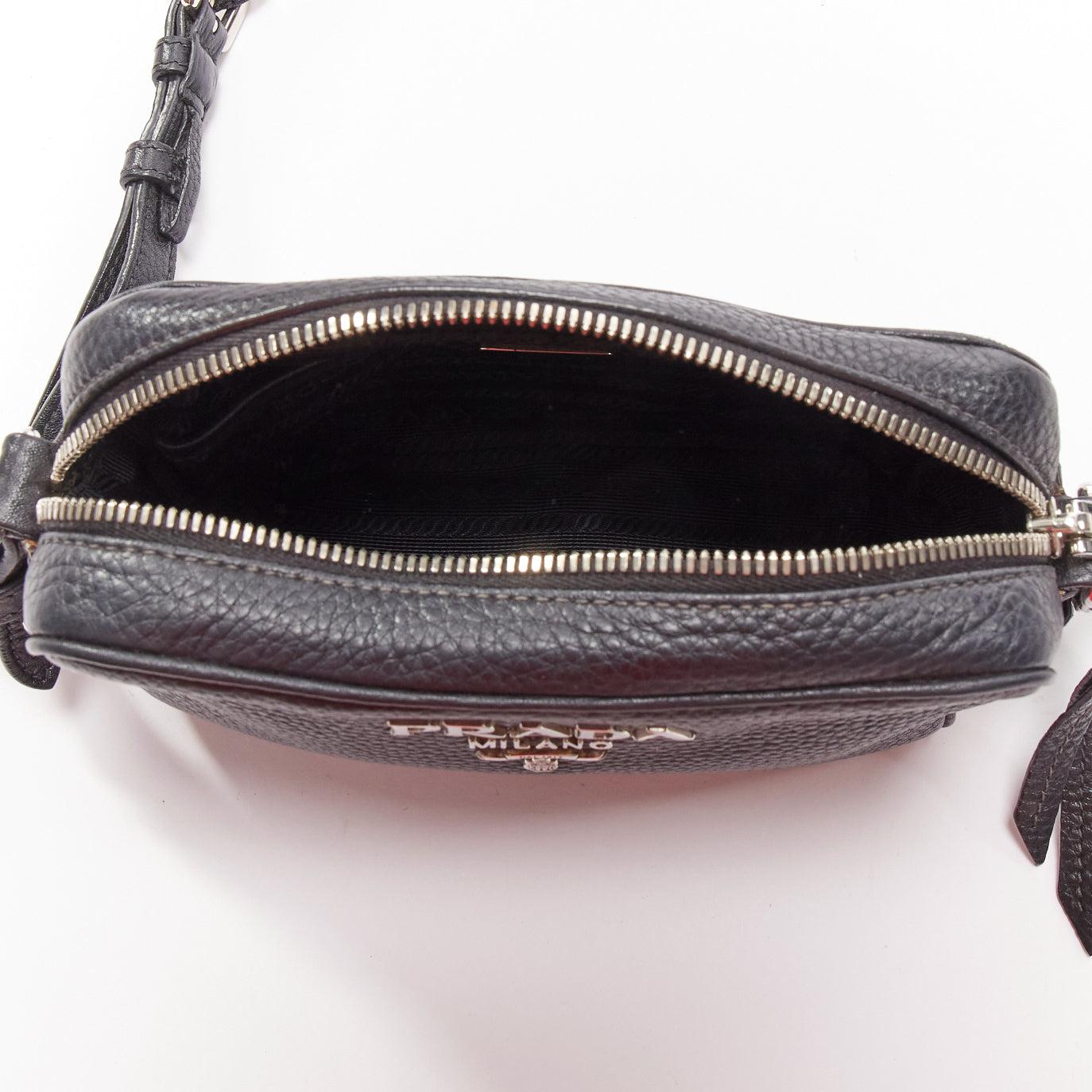 PRADA Vitello Daino black calfskin silver logo zip crossbody camera bag 5