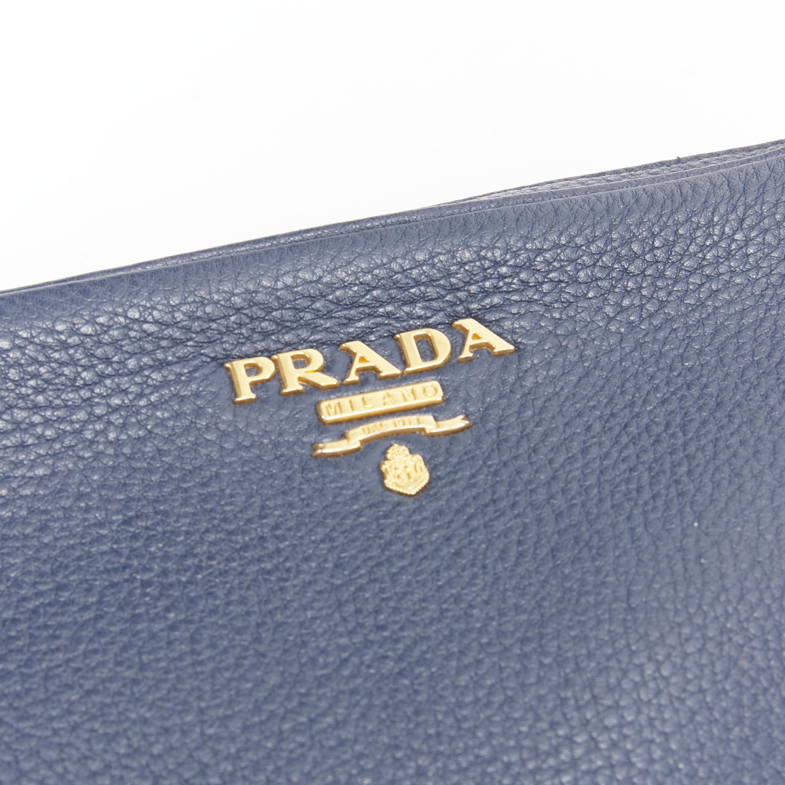Gray PRADA Vitello Daino blue  leather gold logo double zip crossbody messenger bag