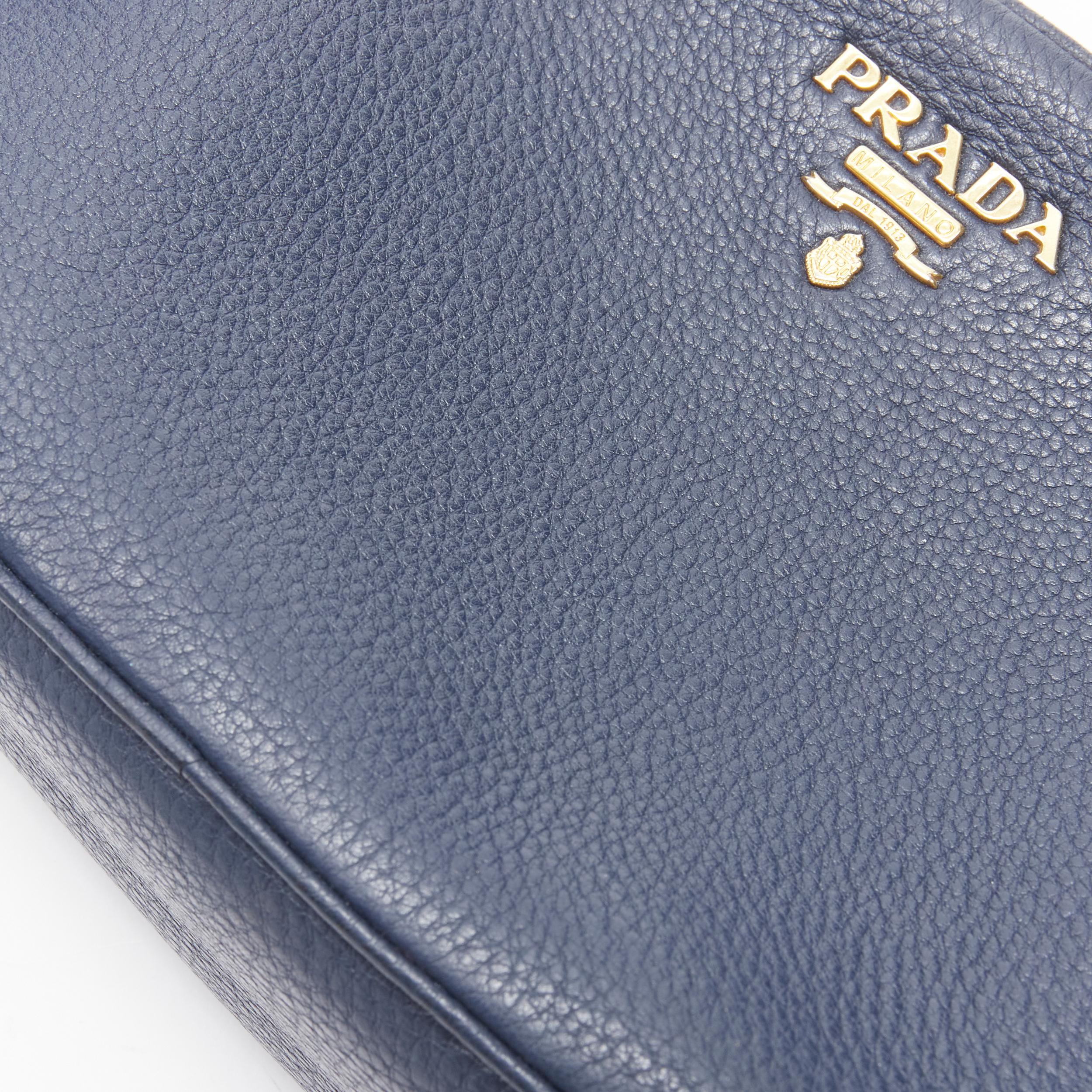PRADA Vitello Daino blue  leather gold logo double zip crossbody messenger bag In Good Condition In Hong Kong, NT