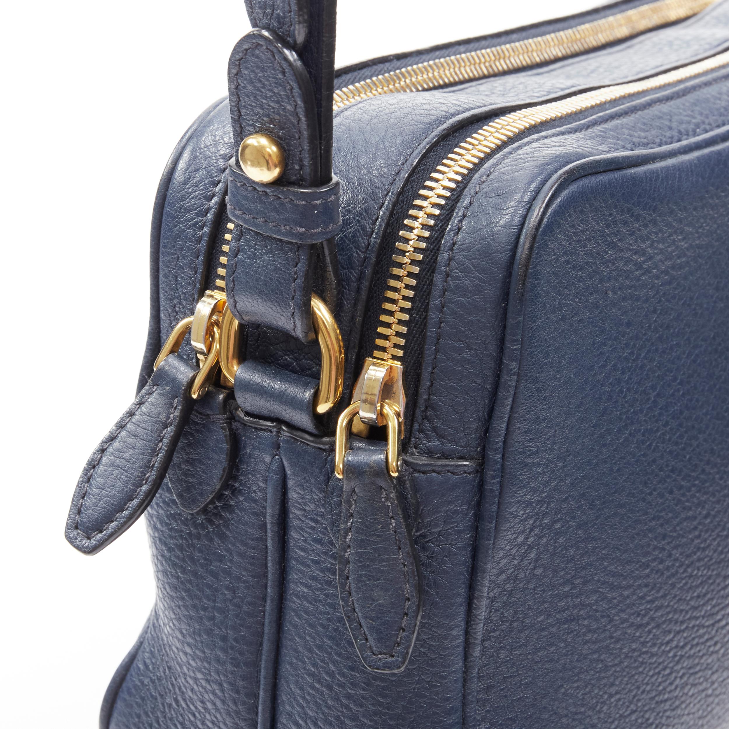 Women's PRADA Vitello Daino blue  leather gold logo double zip crossbody messenger bag