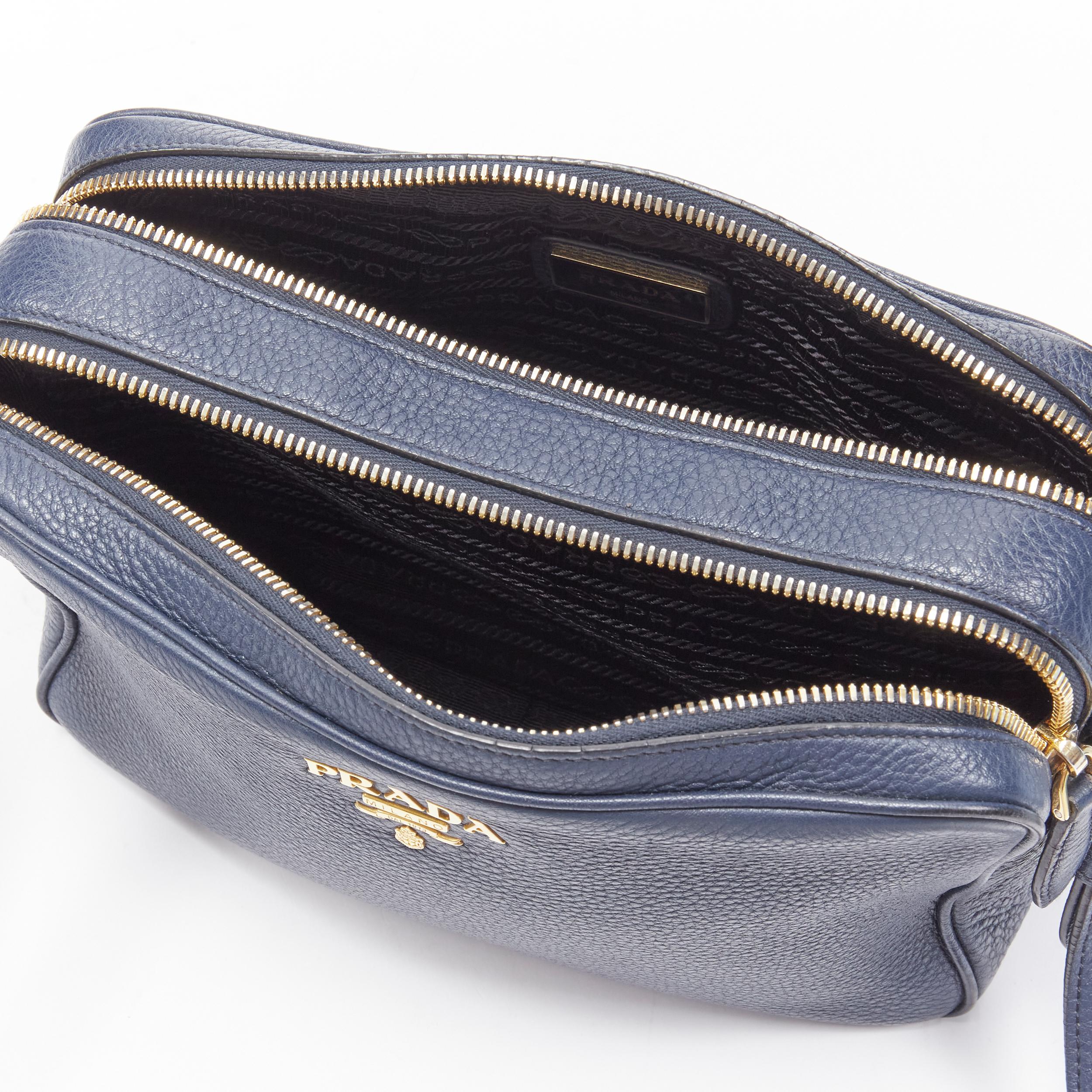 PRADA Vitello Daino blue  leather gold logo double zip crossbody messenger bag 1