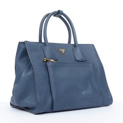 PRADA Vitello Daino Front Pocket open navy blue grained leather satchel tote bag