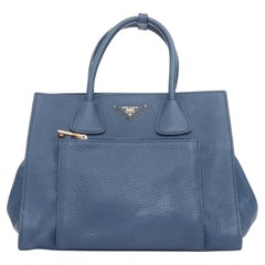 PRADA Vitello Daino Front Pocket open navy blue grained leather satchel tote bag