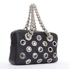 PRADA Vitello Daino Grommet Chain black leather cut out rectangle shoulder bag