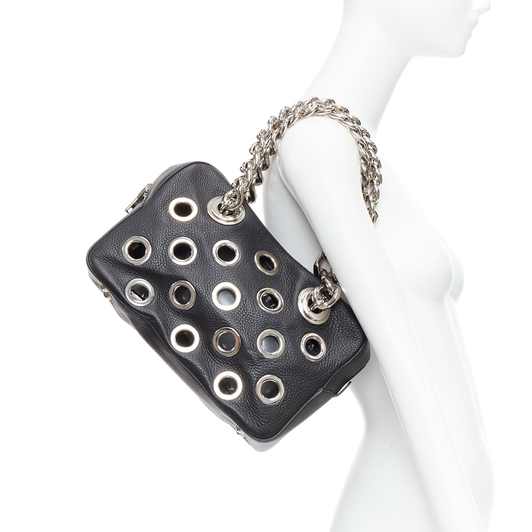 Black PRADA Vitello Daino Grommet Chain black leather cut out rectangle shoulder bag