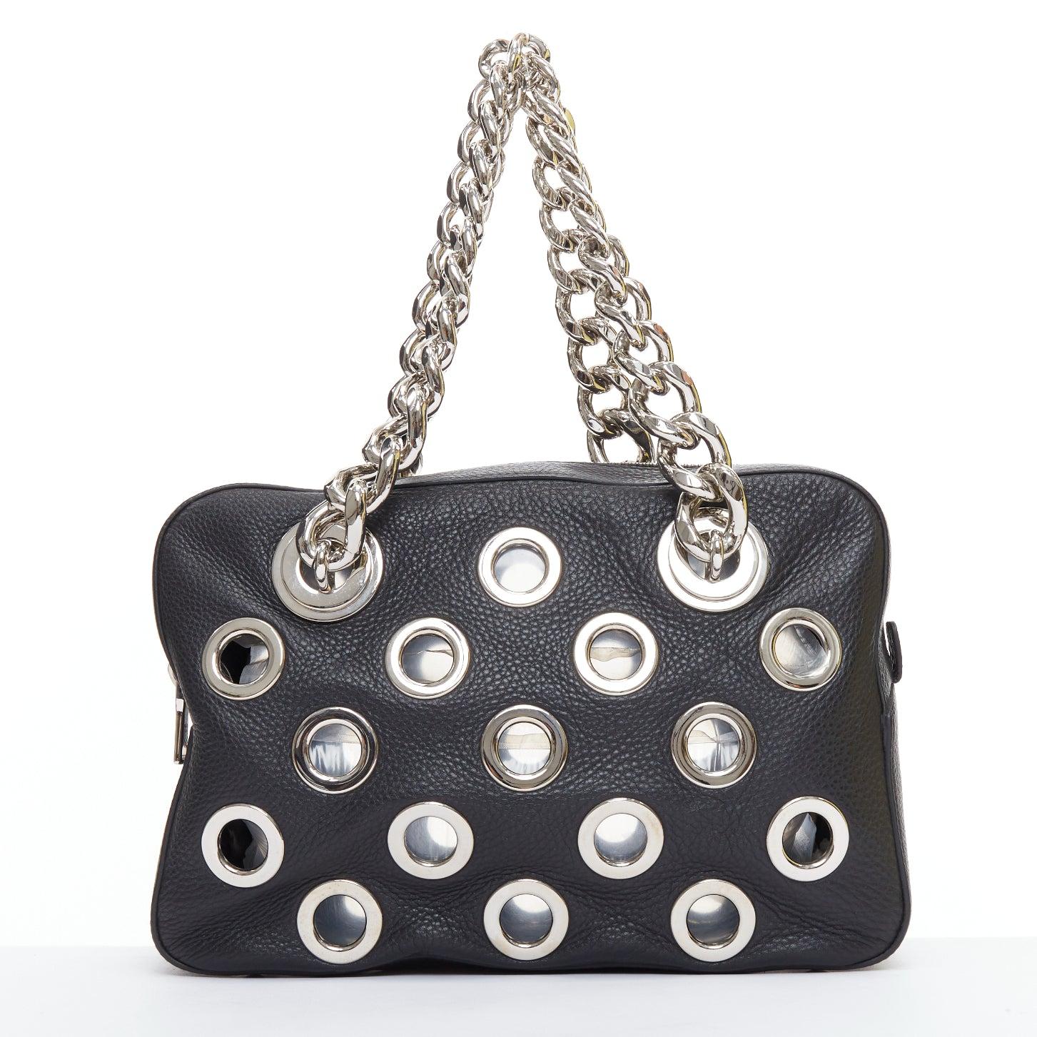 Women's PRADA Vitello Daino Grommet Chain black leather cut out rectangle shoulder bag