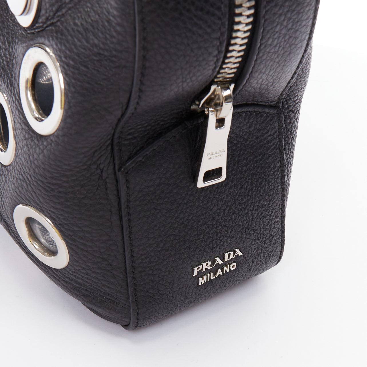 PRADA Vitello Daino Grommet Chain black leather cut out rectangle shoulder bag 2