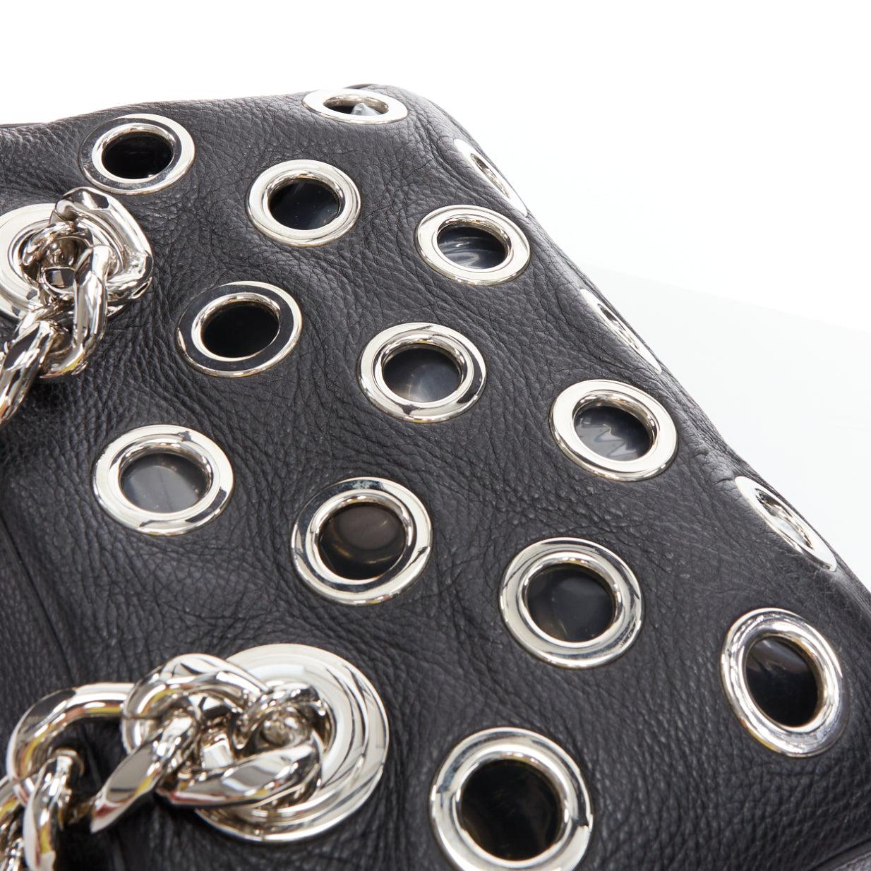 PRADA Vitello Daino Grommet Chain black leather cut out rectangle shoulder bag 3