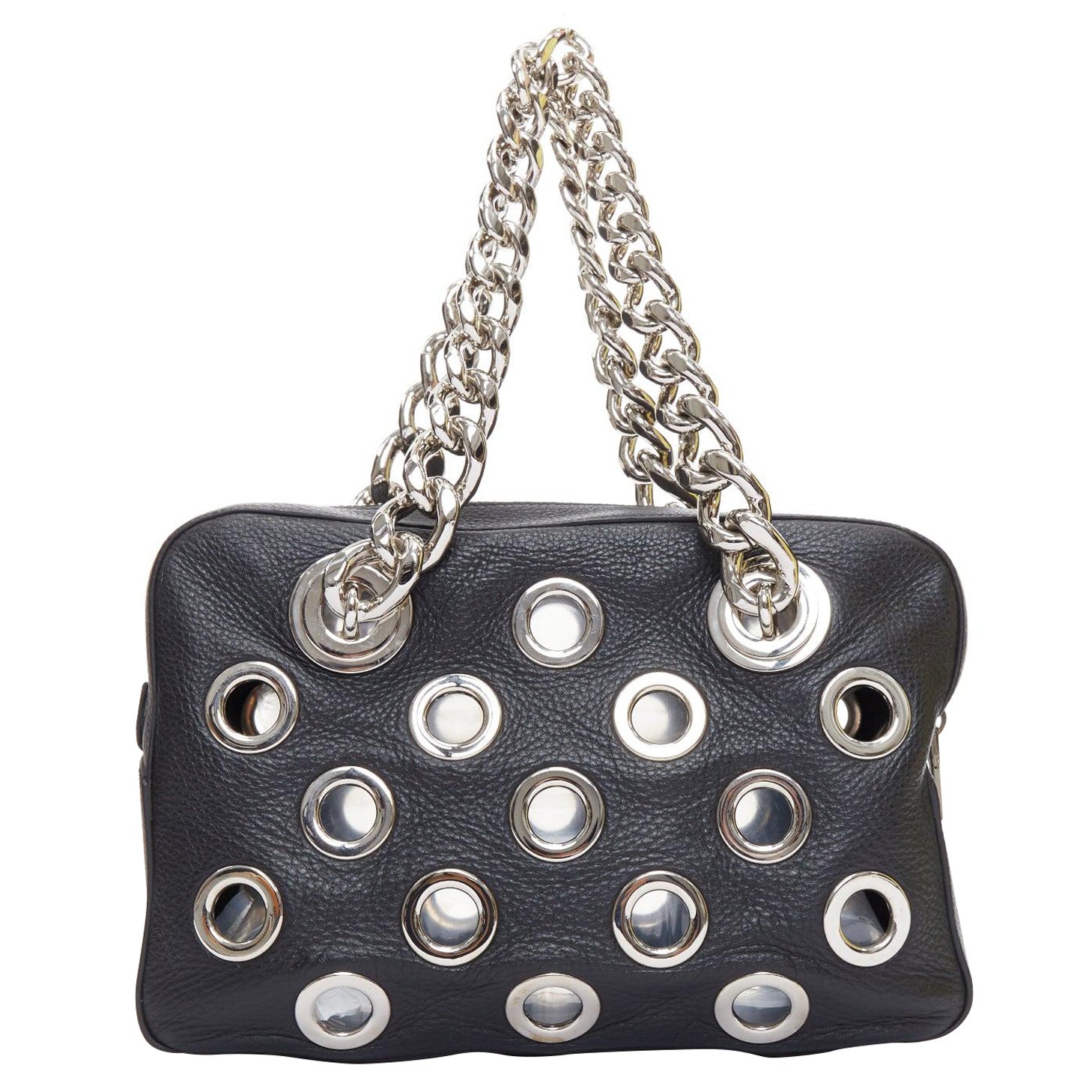 PRADA Vitello Daino Grommet Chain black leather cut out rectangle shoulder bag