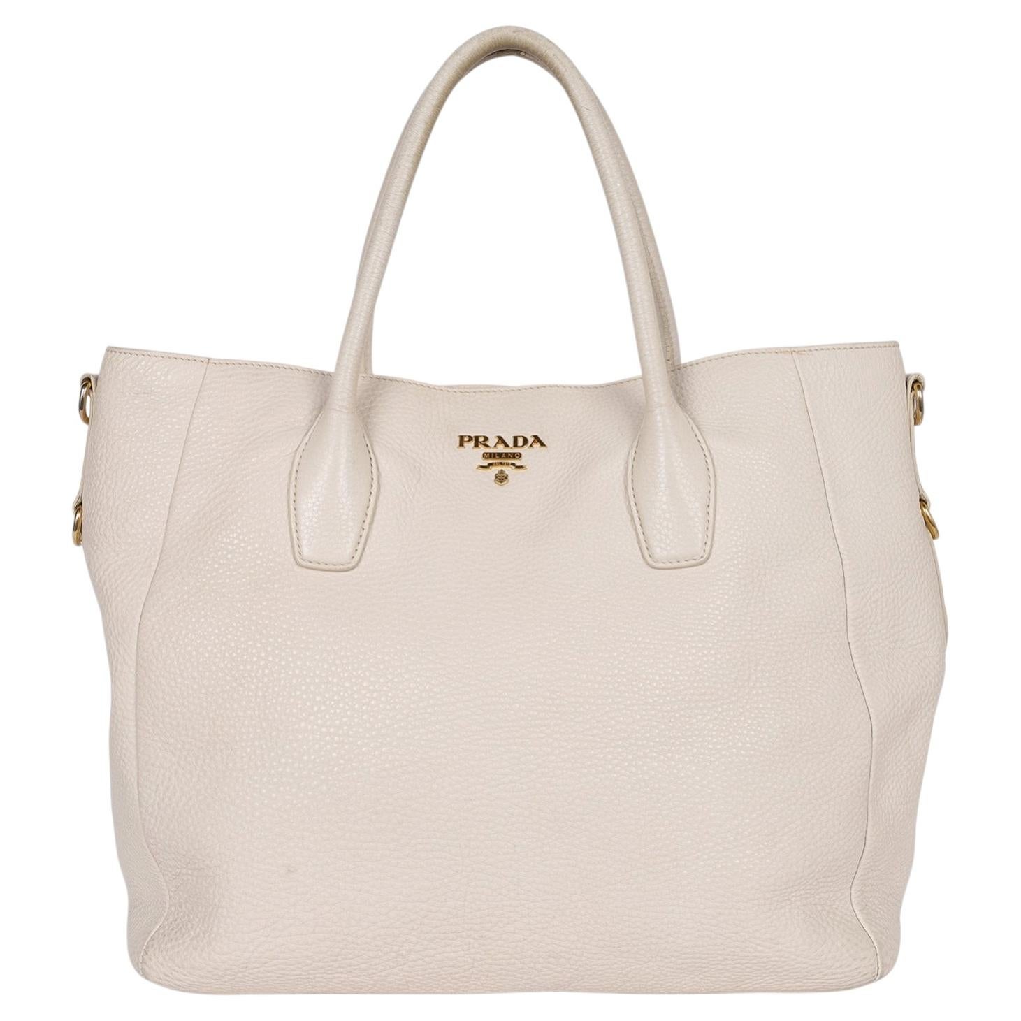 Pre-owned Prada Women's Vitello Daino Leather Shopping Tote Bag In Beige White