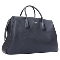 PRADA Vitello Daino metal logo black pebbled calfskin travel weekender tote bag