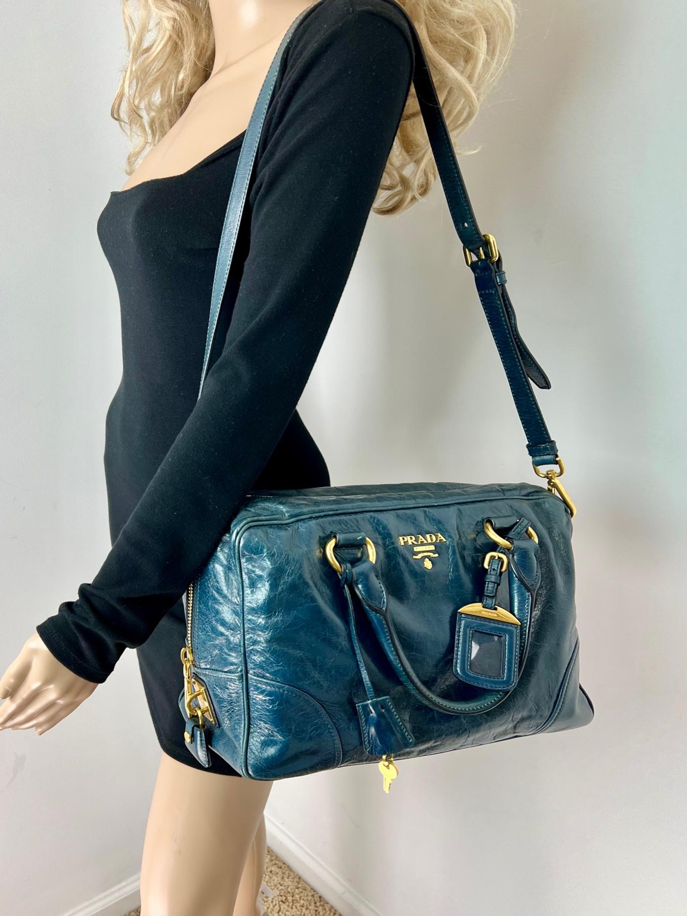 PRADA Vitello Shine Shopping Satchel Denim color Distressed Bag 4