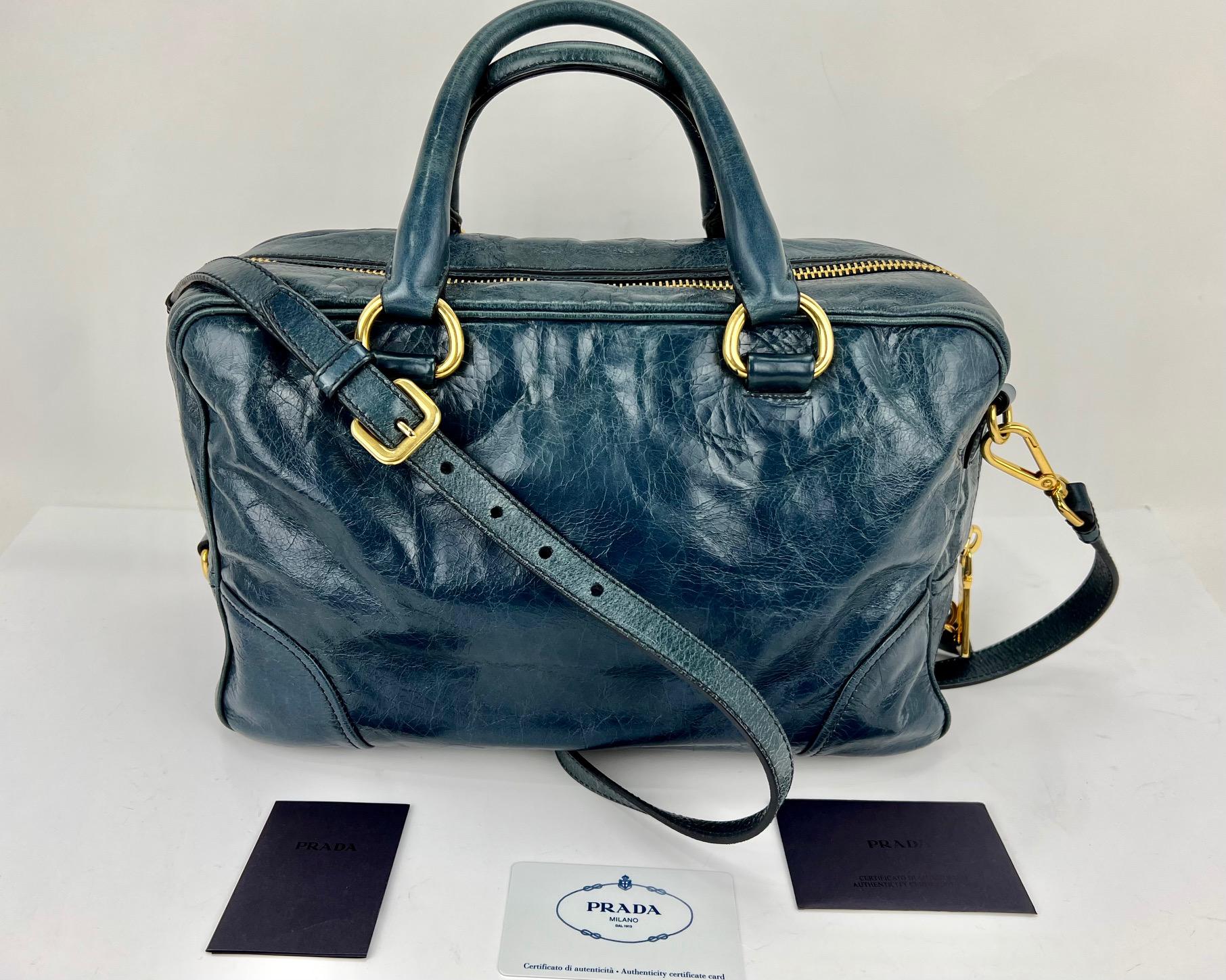 Women's PRADA Vitello Shine Shopping Satchel Denim color Distressed Bag 