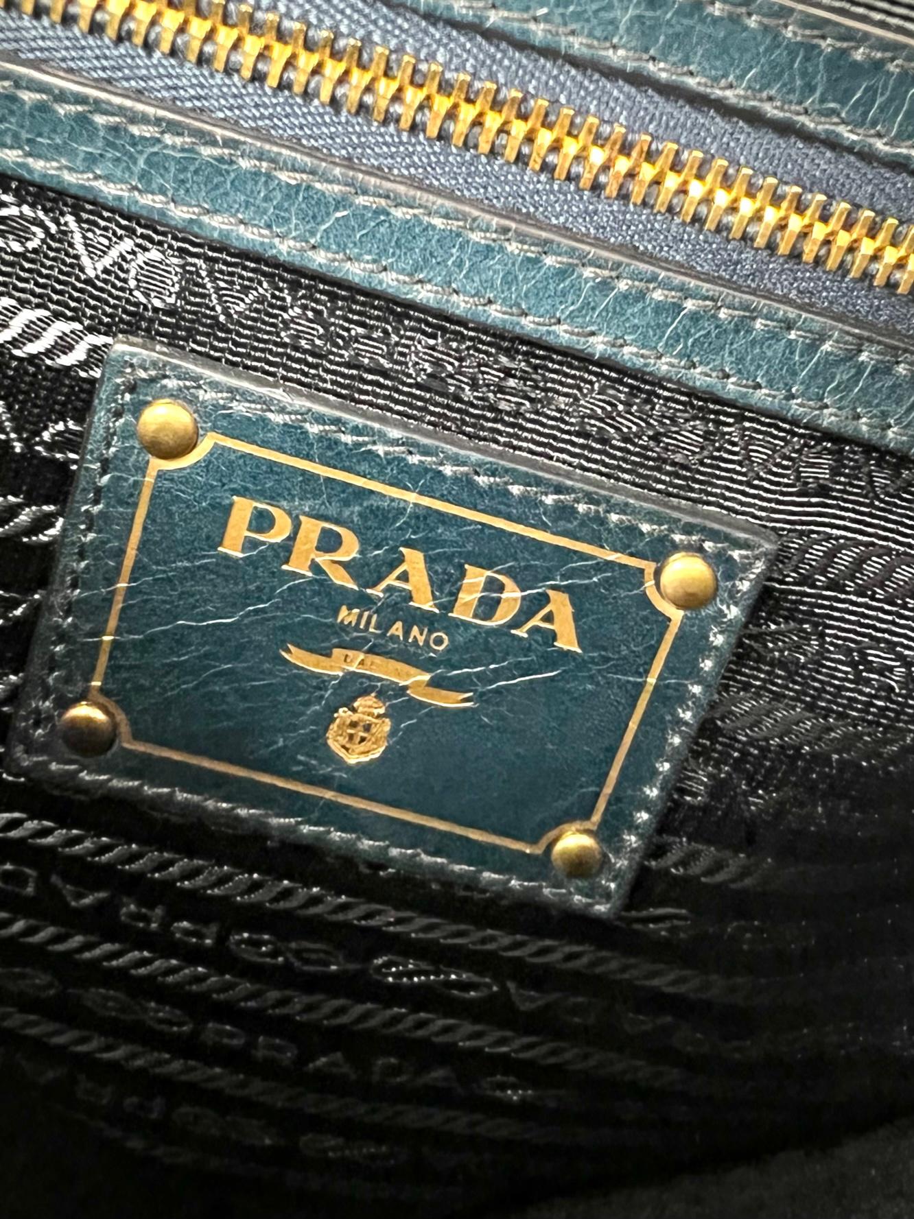 PRADA Vitello Shine Shopping Satchel Denim color Distressed Bag  1