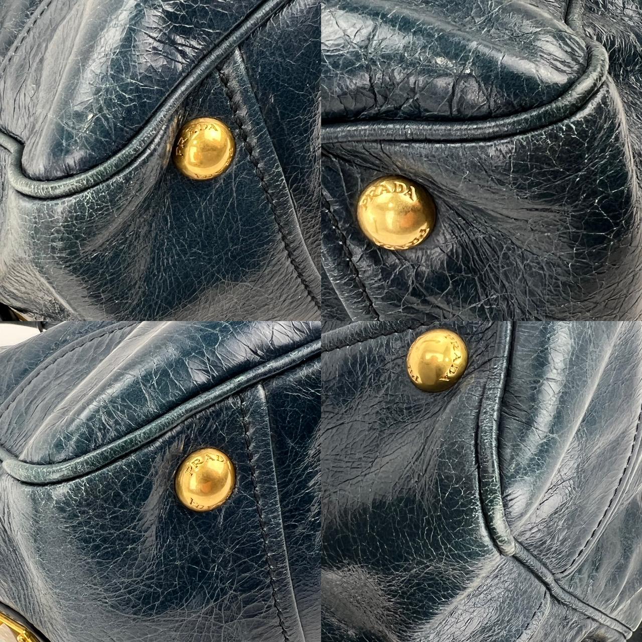 PRADA Vitello Shine Shopping Satchel Denim color Distressed Bag In Good Condition In Freehold, NJ