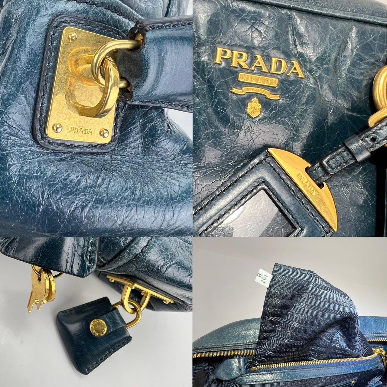 Women's PRADA Vitello Shine Shopping Satchel Denim color Distressed Bag 