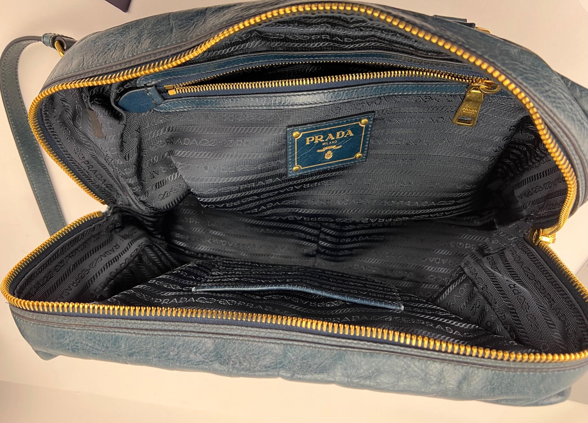 PRADA Vitello Shine Shopping Satchel Denim color Distressed Bag 4